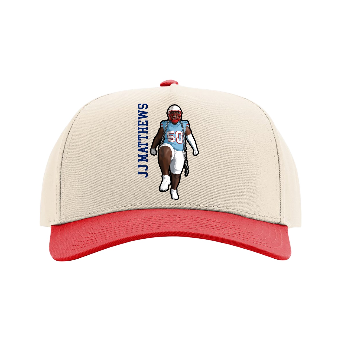 Full Fabric Five-Panel Champ Cap — Name Vertical in Cream/Red