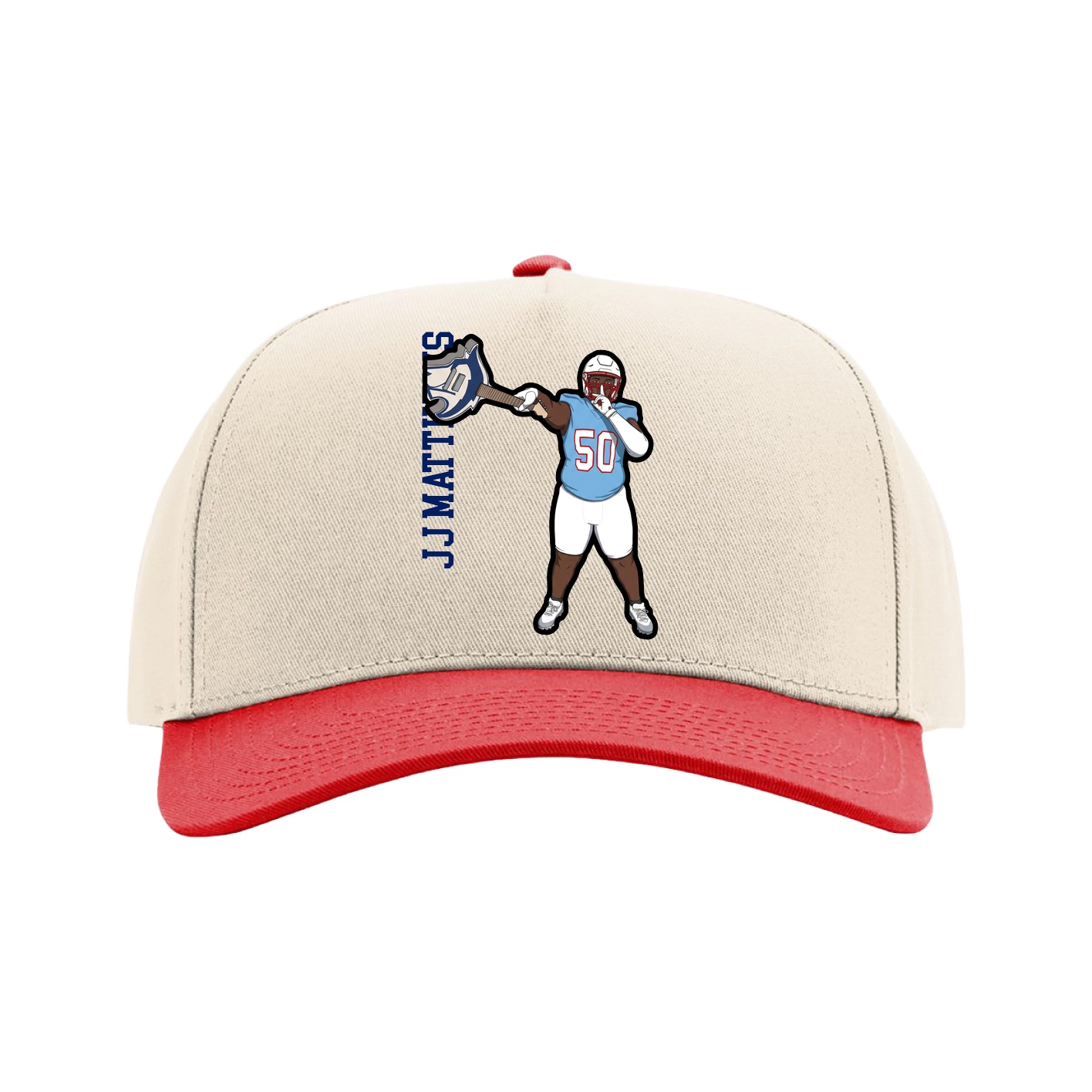 Full Fabric Five-Panel Champ Cap — Name Vertical in Cream/Red