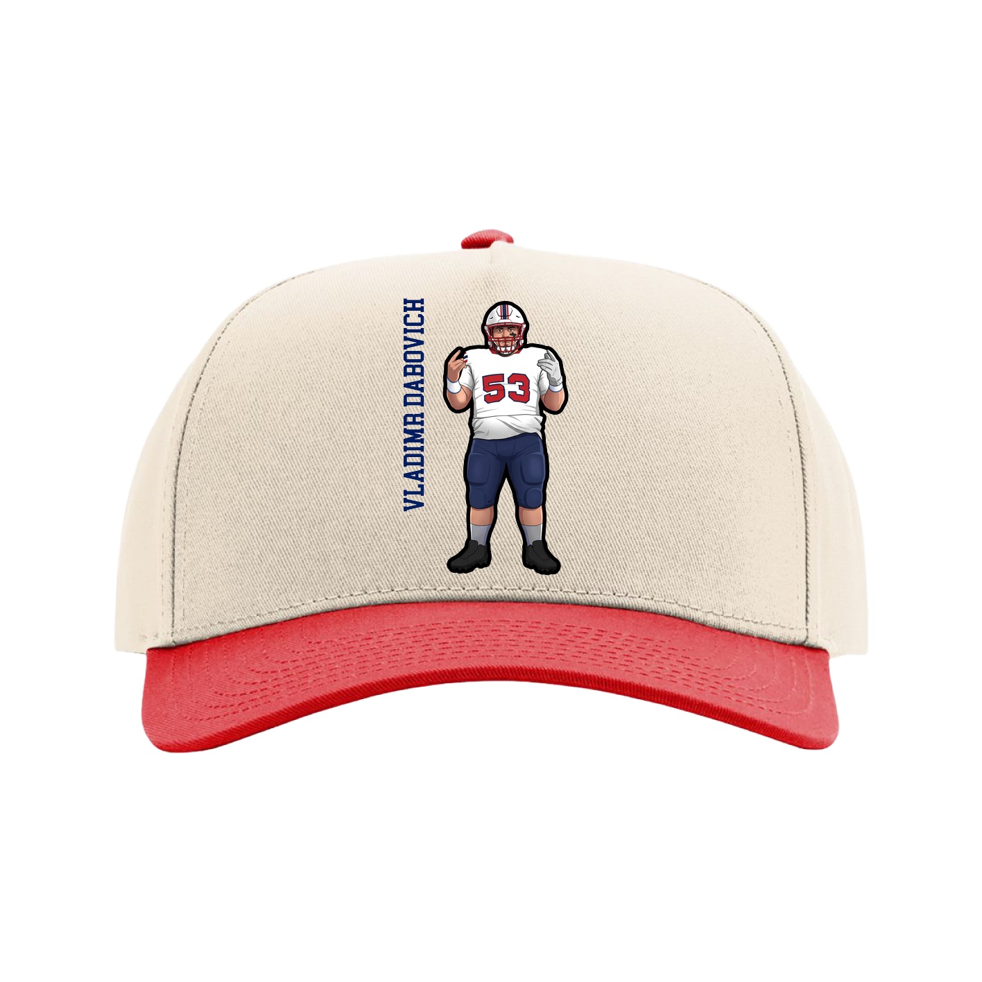 Full Fabric Five-Panel Champ Cap — Name Vertical in Cream/Red