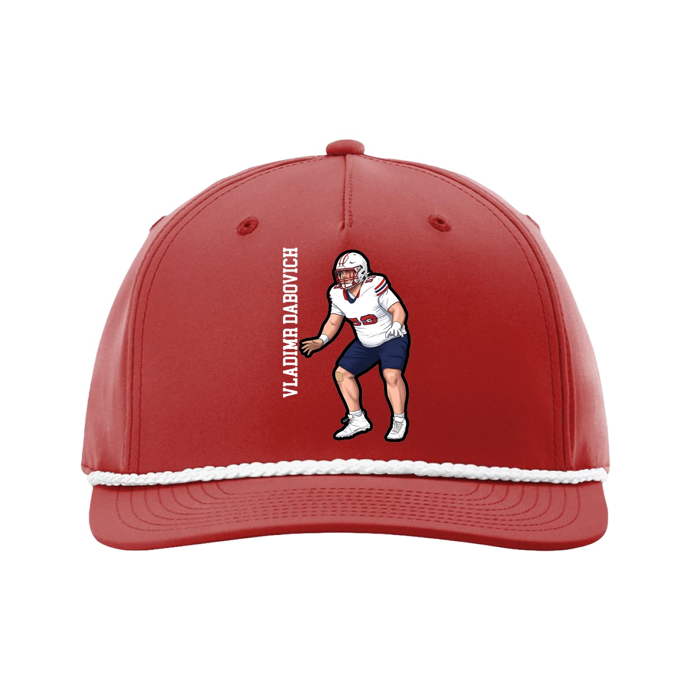 Five-Panel Classic Rope Cap — Name Vertical in Red