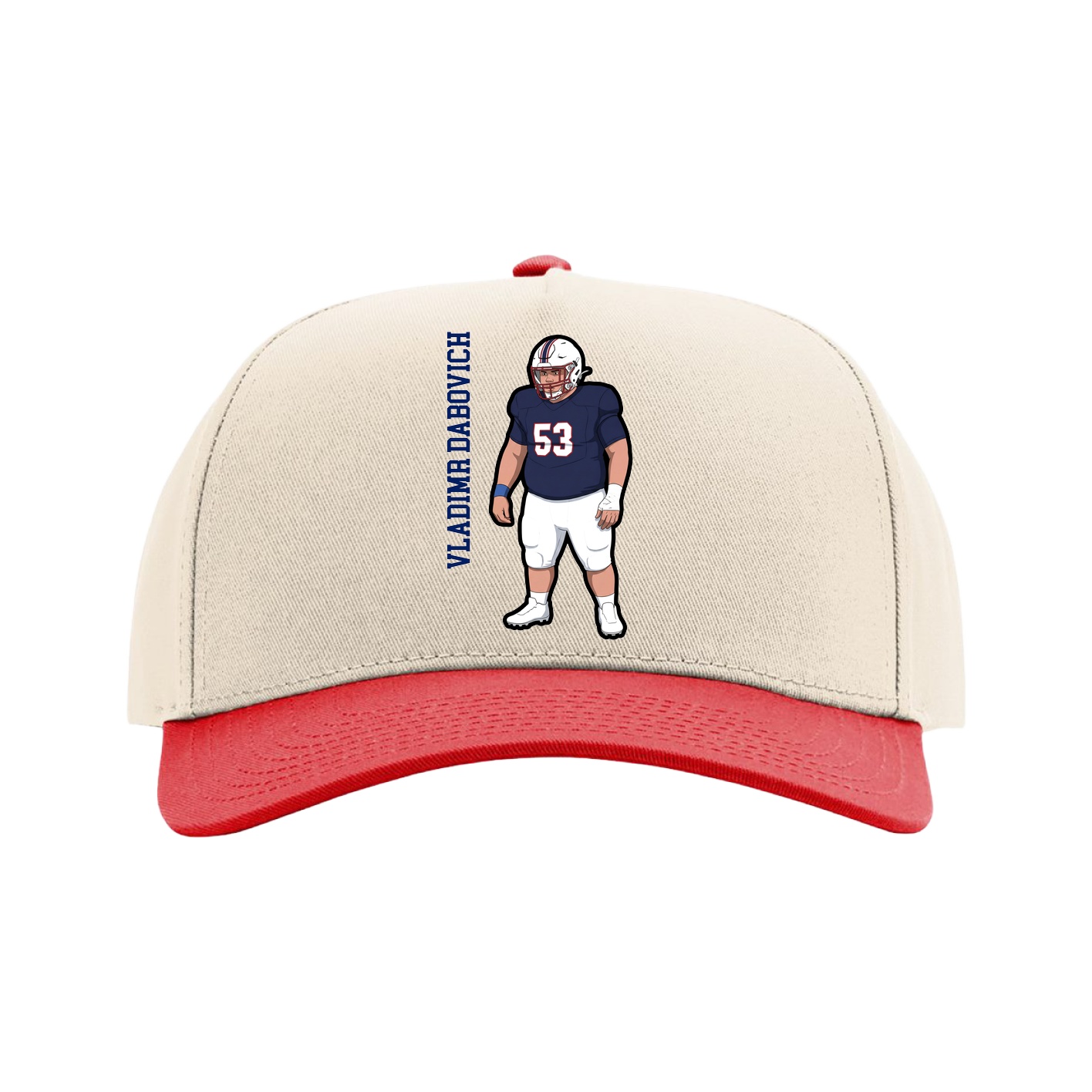 Full Fabric Five-Panel Champ Cap — Name Vertical in Cream/Red