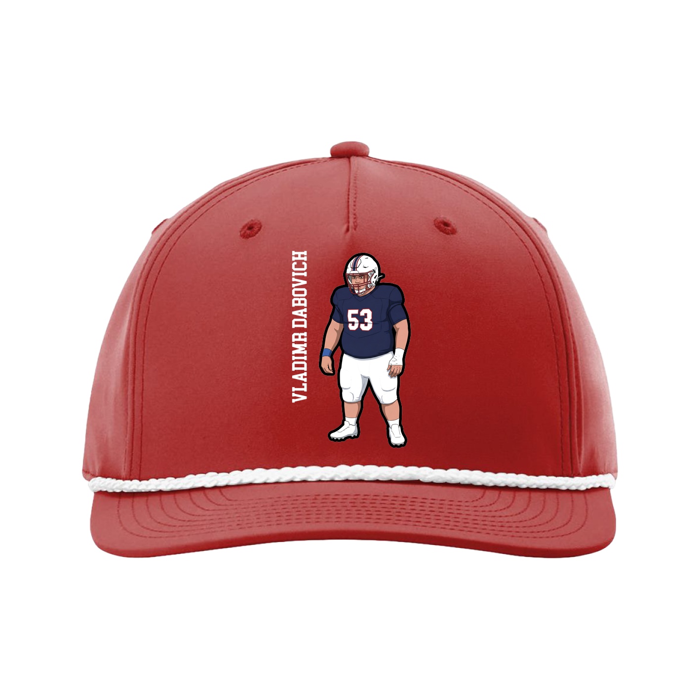 Five-Panel Classic Rope Cap — Name Vertical in Red