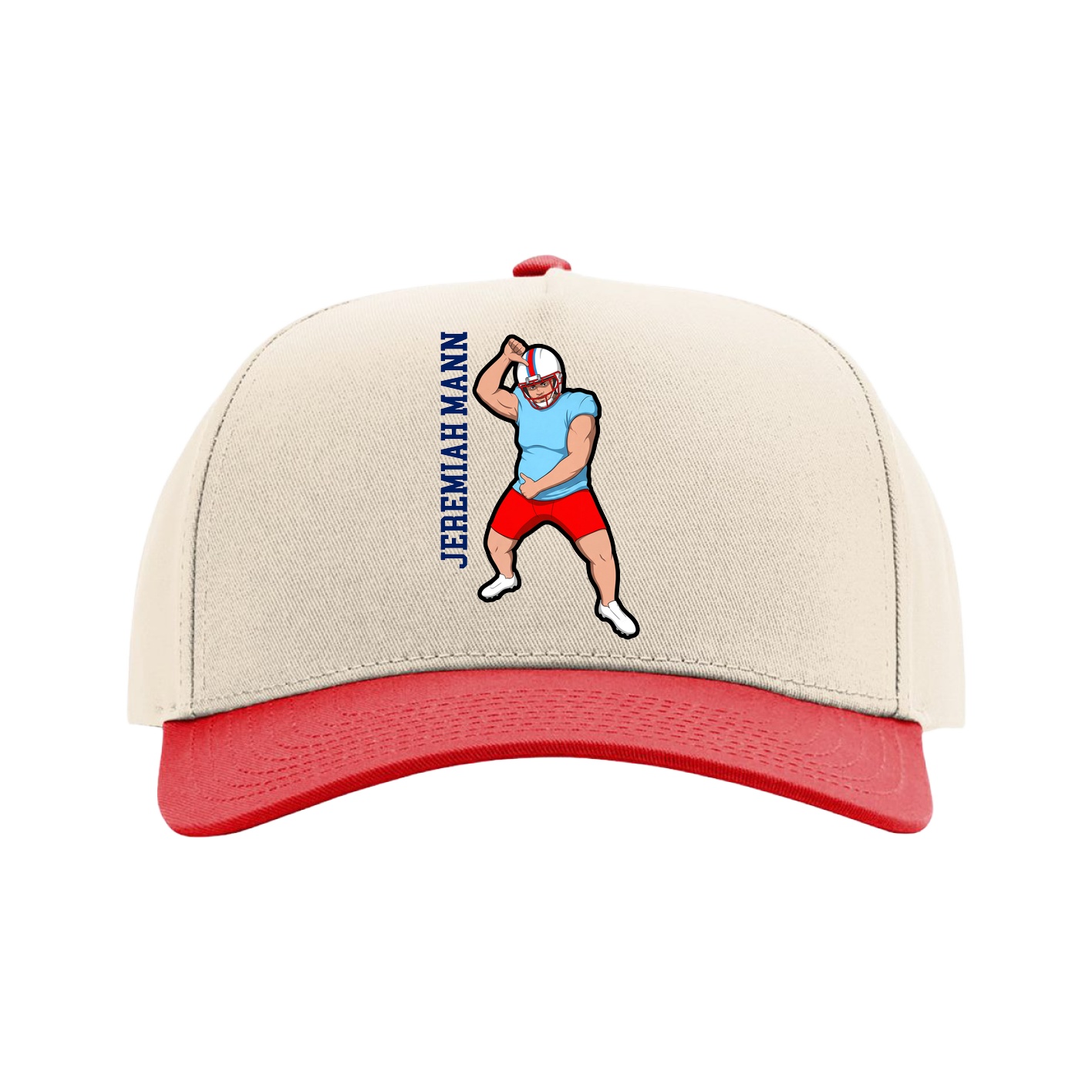 Full Fabric Five-Panel Champ Cap — Name Vertical in Cream/Red