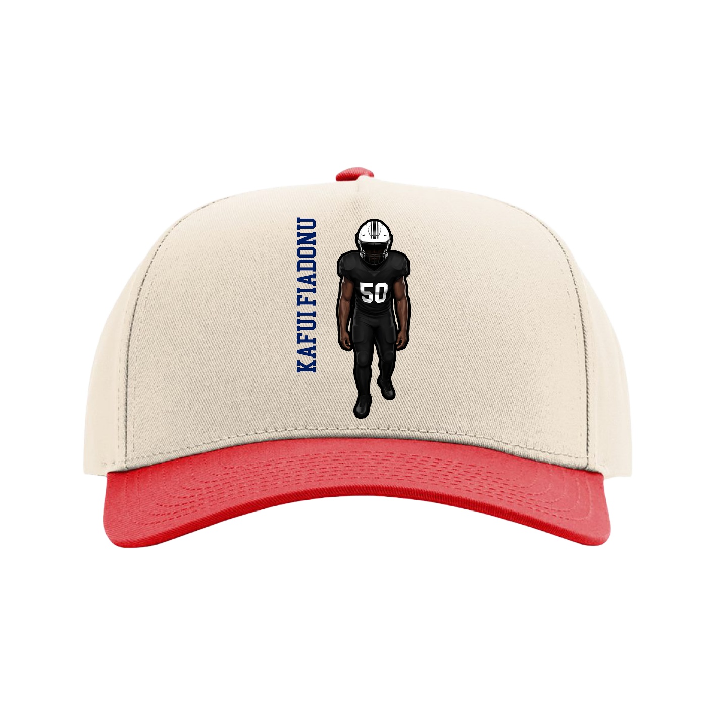 Full Fabric Five-Panel Champ Cap — Name Vertical in Cream/Red