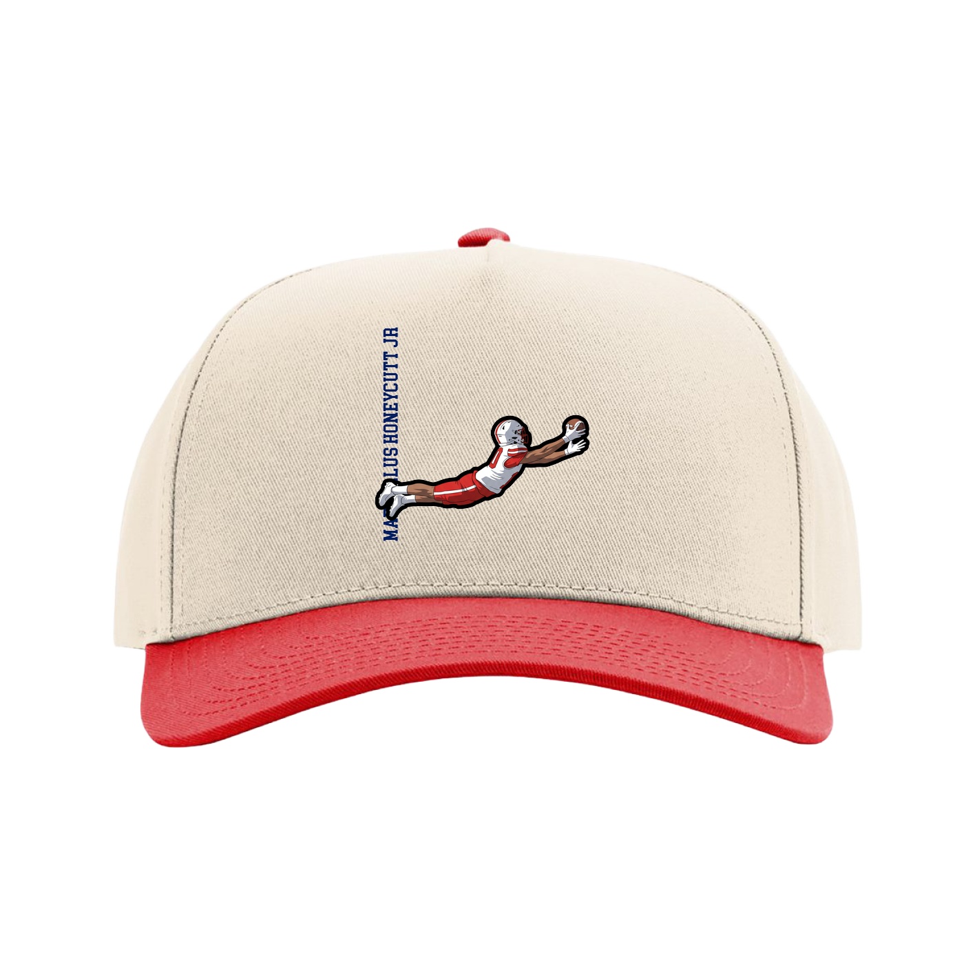 Full Fabric Five-Panel Champ Cap — Name Vertical in Cream/Red