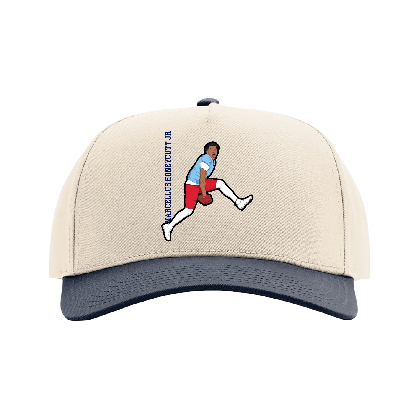 Full Fabric Five-Panel Champ Cap — Name Vertical in Cream/Navy