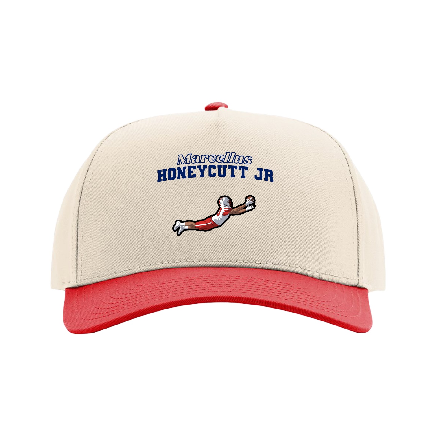 Full Fabric Five-Panel Champ Cap — Name Arch in Cream/Red