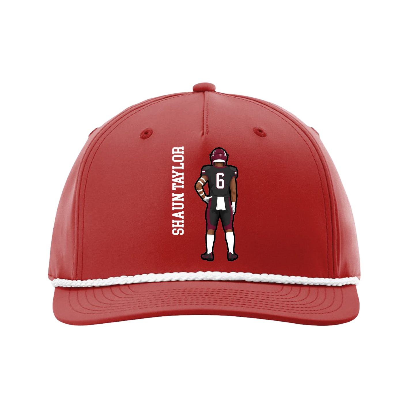 Five-Panel Classic Rope Cap — Name Vertical in Red