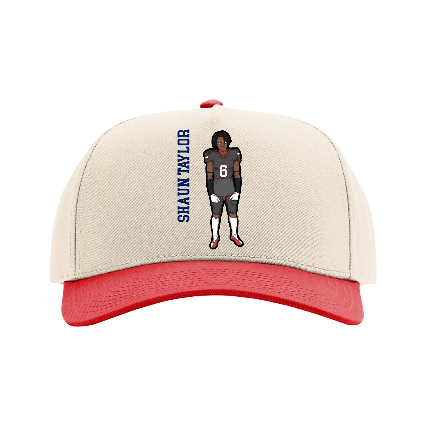 Full Fabric Five-Panel Champ Cap — Name Vertical in Cream/Red