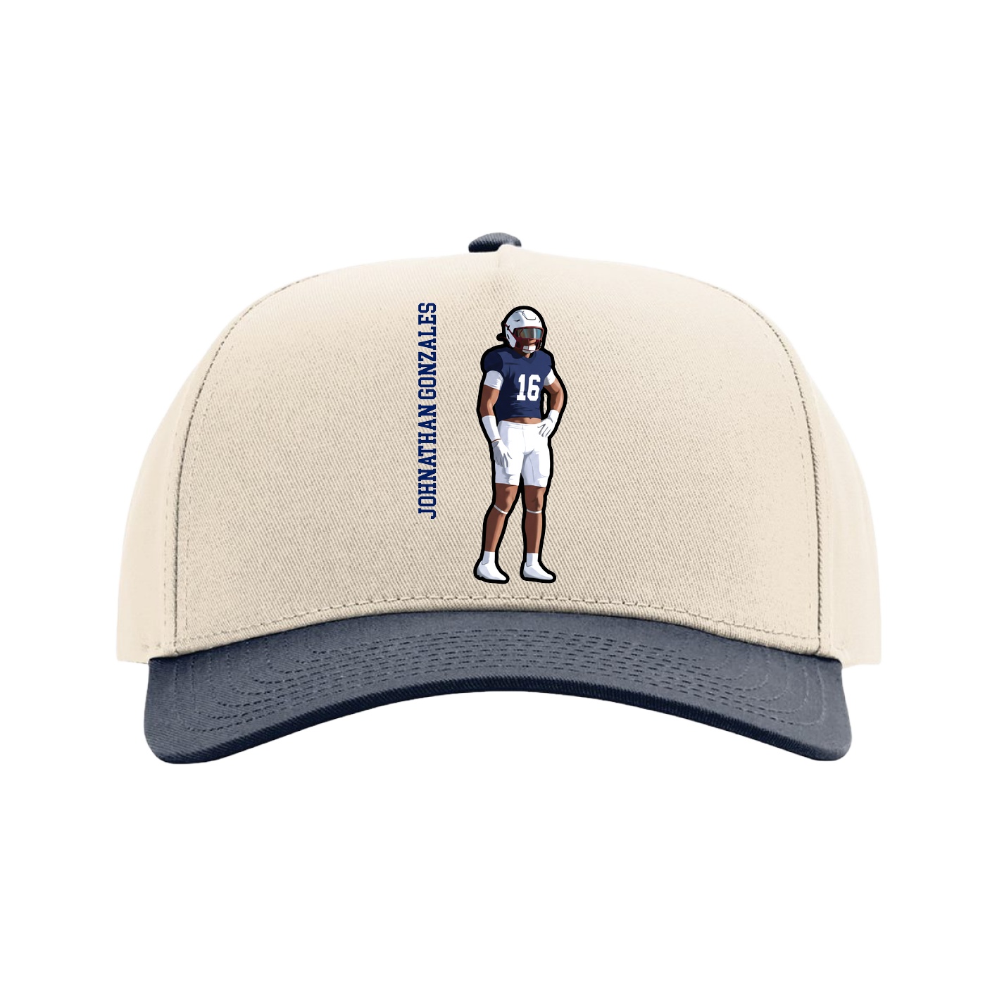 Full Fabric Five-Panel Champ Cap — Name Vertical in Cream/Navy