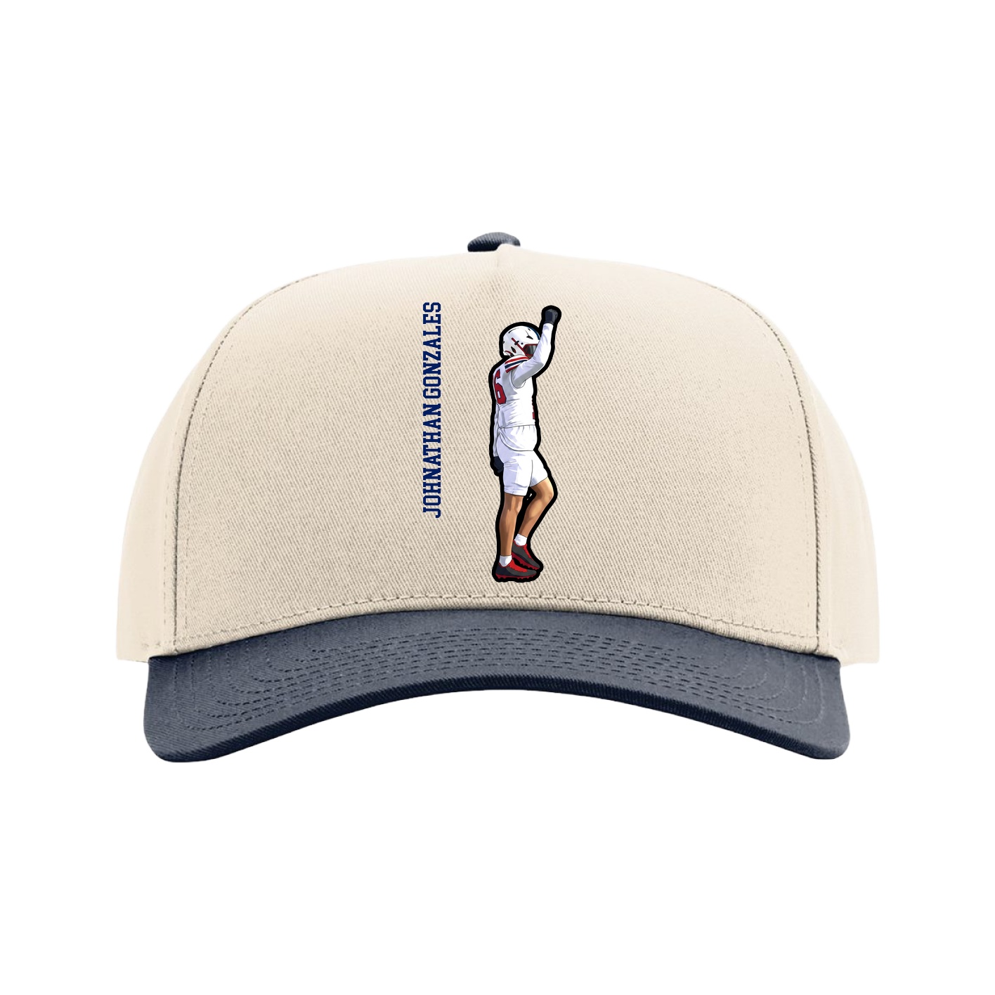 Full Fabric Five-Panel Champ Cap — Name Vertical in Cream/Navy
