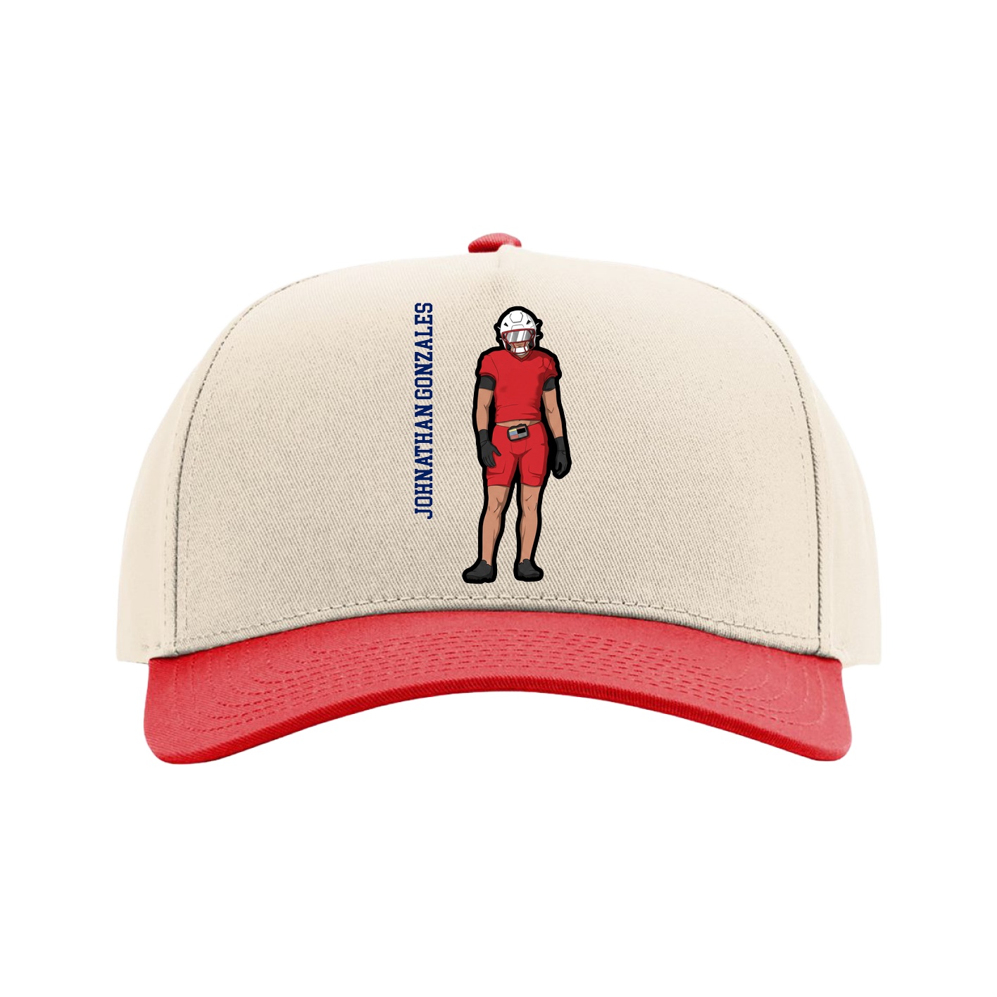 Full Fabric Five-Panel Champ Cap — Name Vertical in Cream/Red