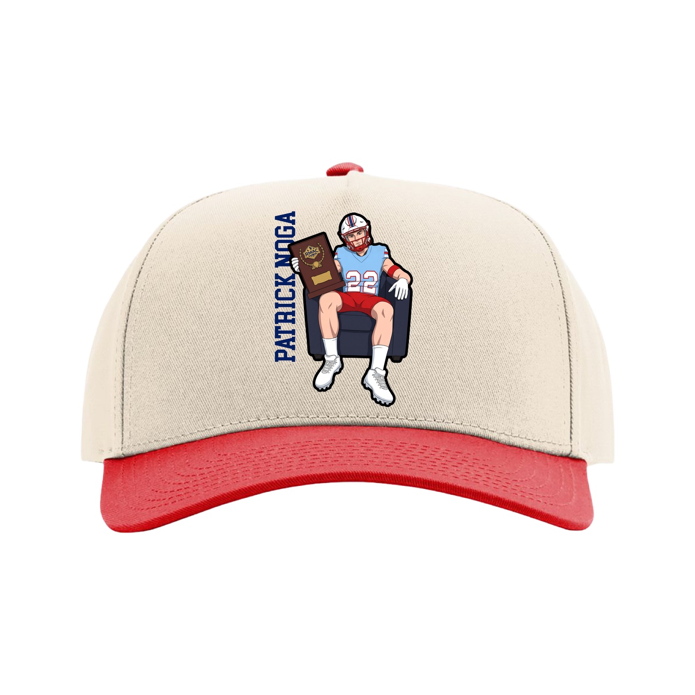Full Fabric Five-Panel Champ Cap — Name Vertical in Cream/Red