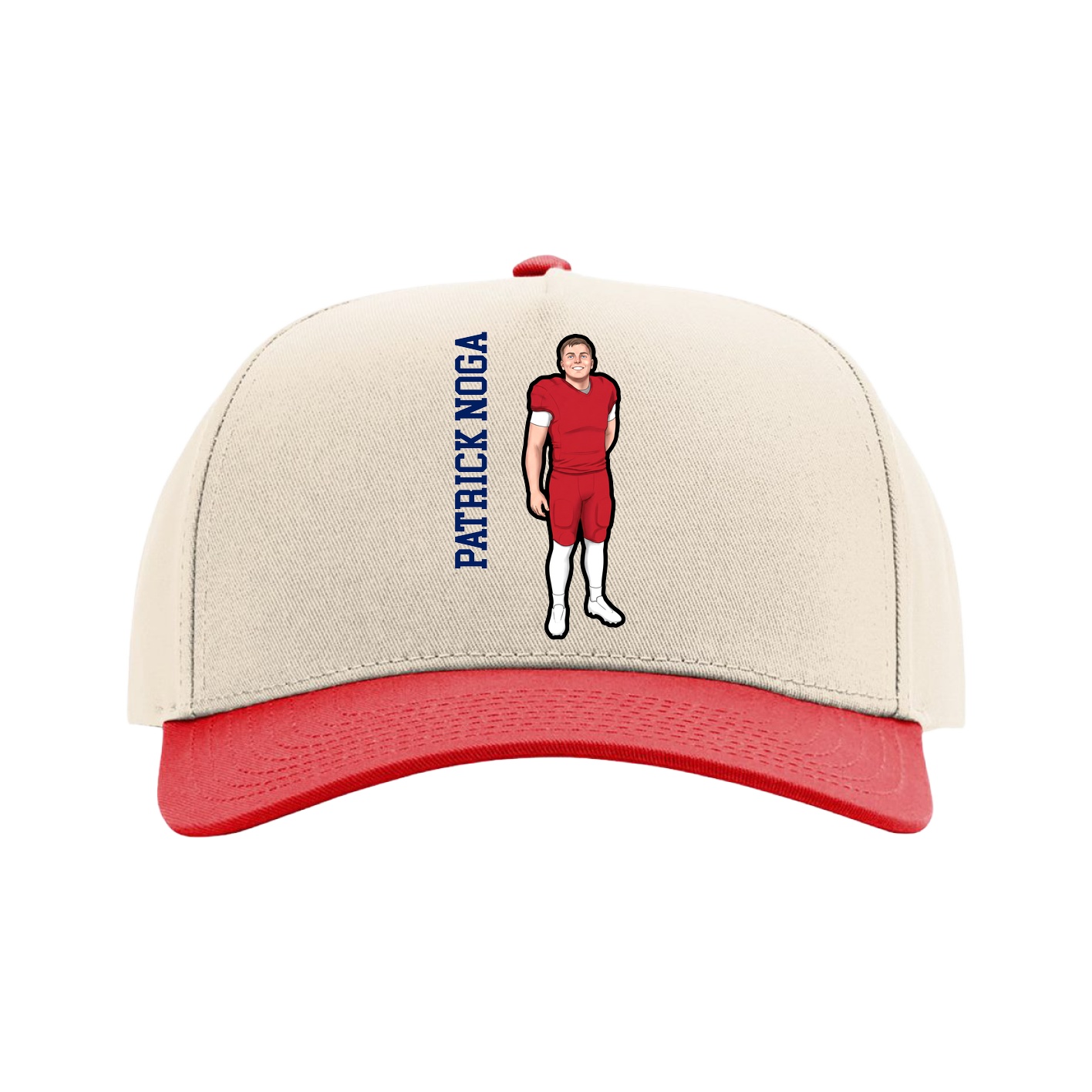 Full Fabric Five-Panel Champ Cap — Name Vertical in Cream/Red