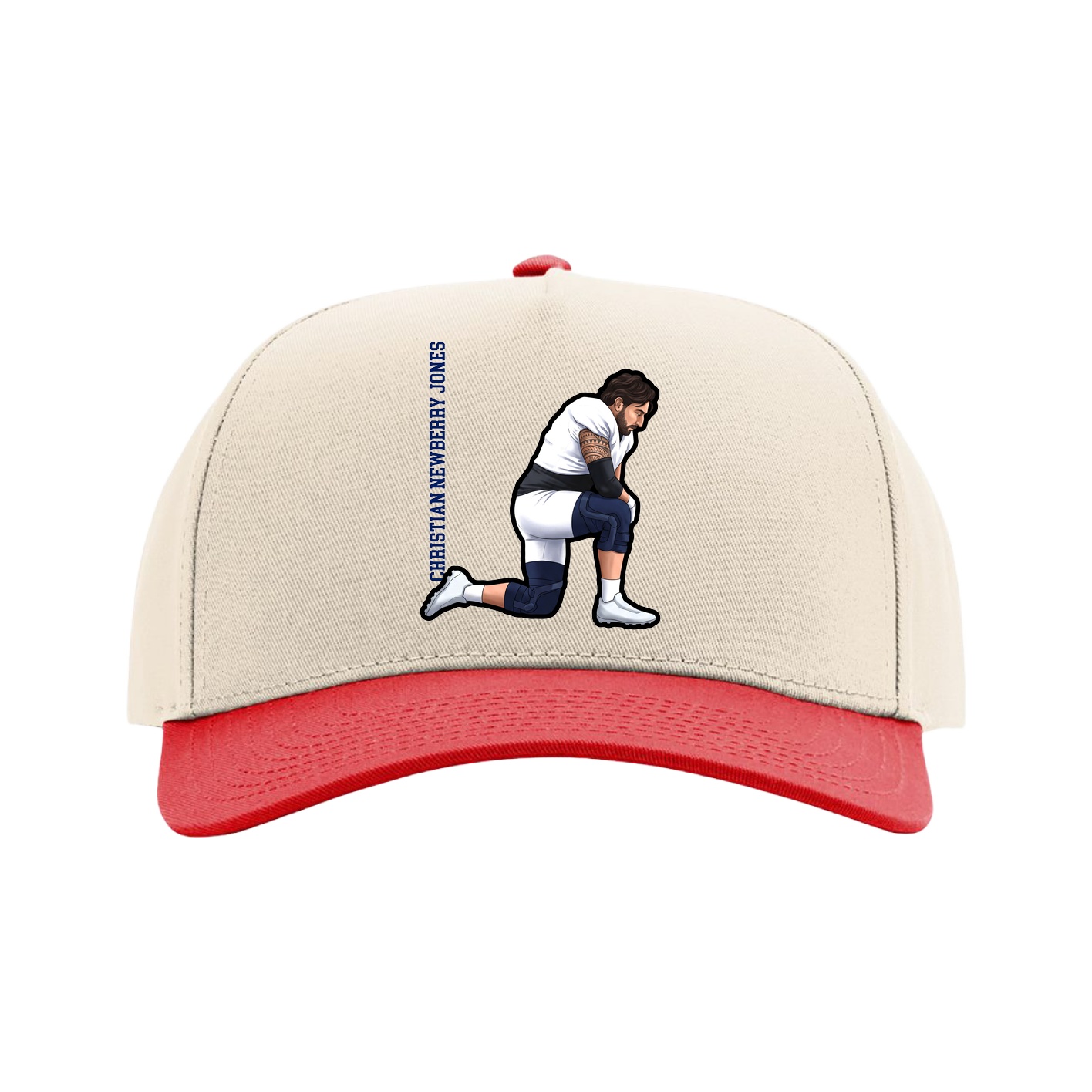 Full Fabric Five-Panel Champ Cap — Name Vertical in Cream/Red