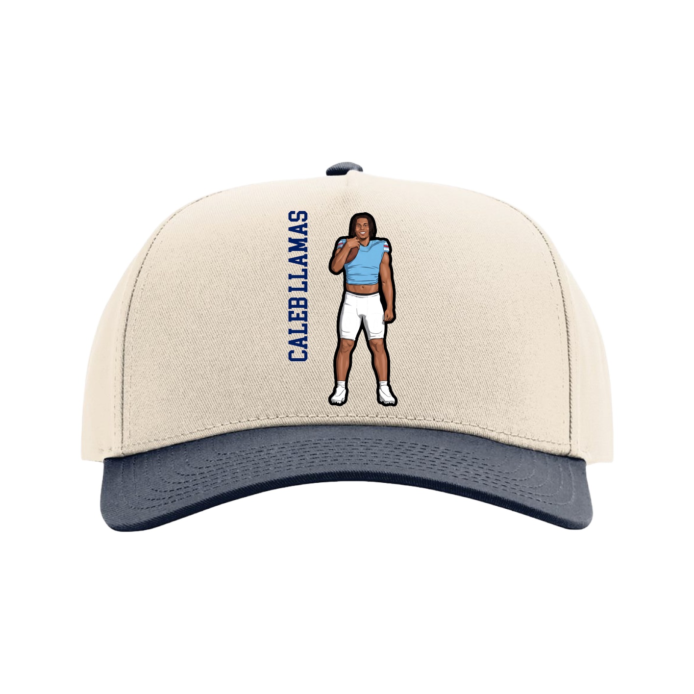 Full Fabric Five-Panel Champ Cap — Name Vertical in Cream/Navy