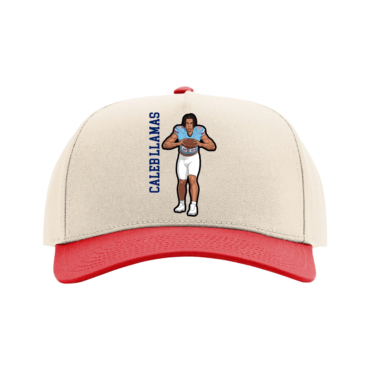Full Fabric Five-Panel Champ Cap — Name Vertical in Cream/Red