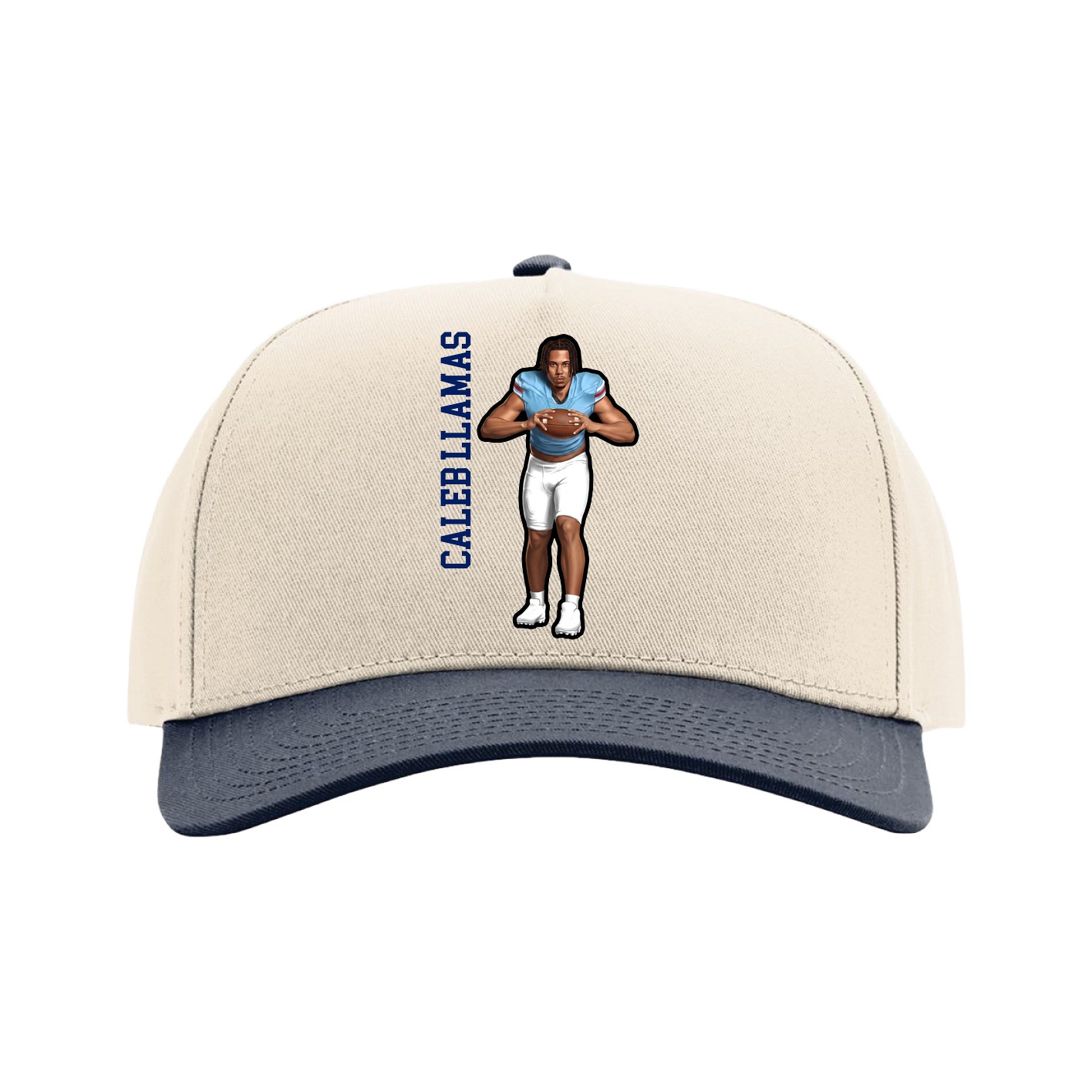 Full Fabric Five-Panel Champ Cap — Name Vertical in Cream/Navy