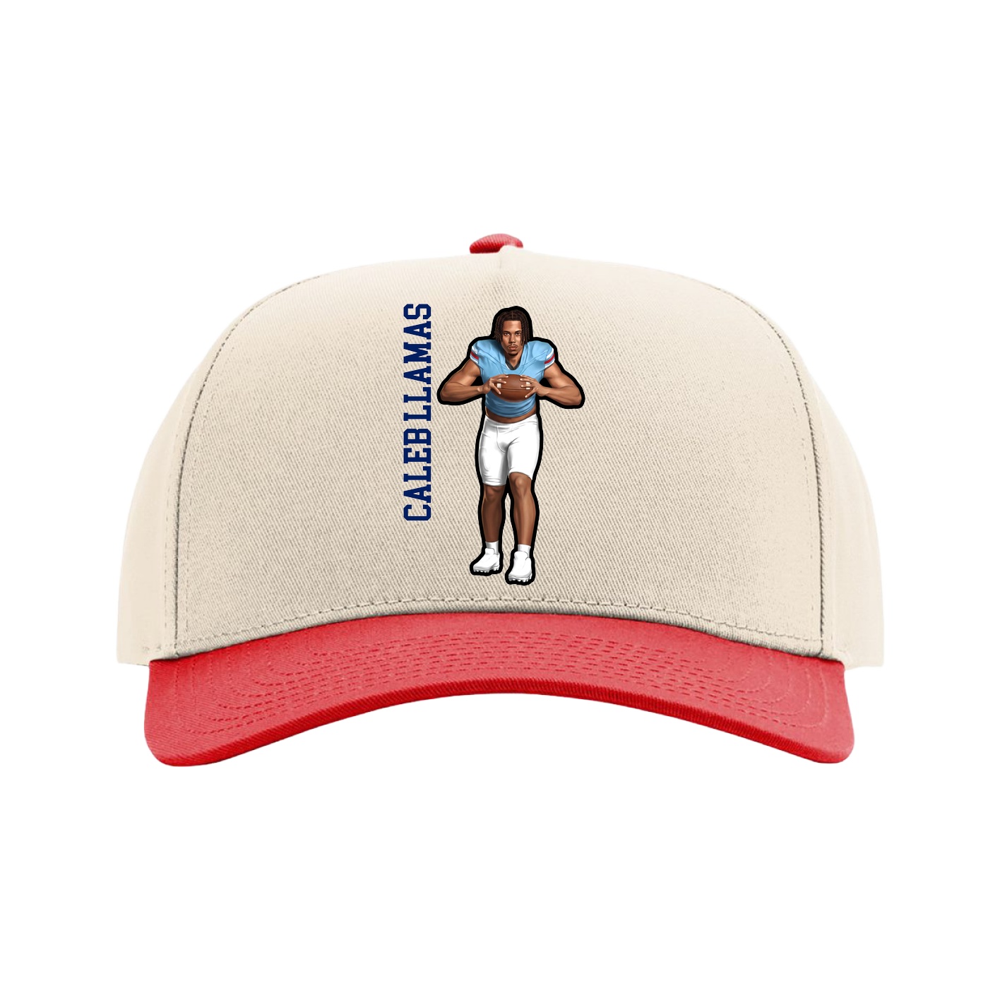 Full Fabric Five-Panel Champ Cap — Name Vertical in Cream/Red