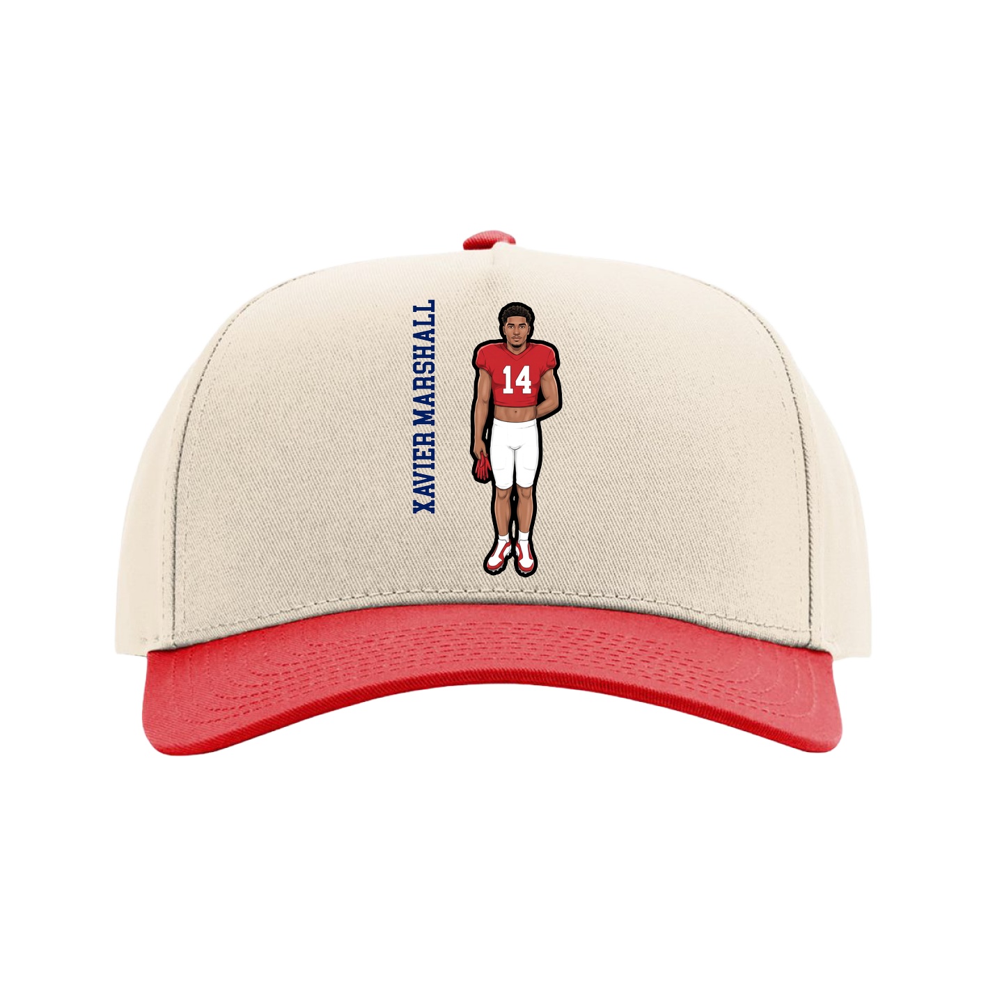 Full Fabric Five-Panel Champ Cap — Name Vertical in Cream/Red