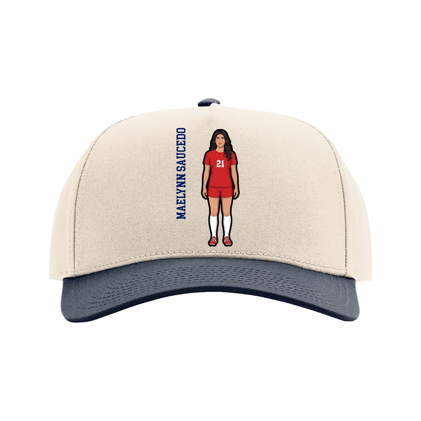 Full Fabric Five-Panel Champ Cap — Name Vertical in Cream/Navy