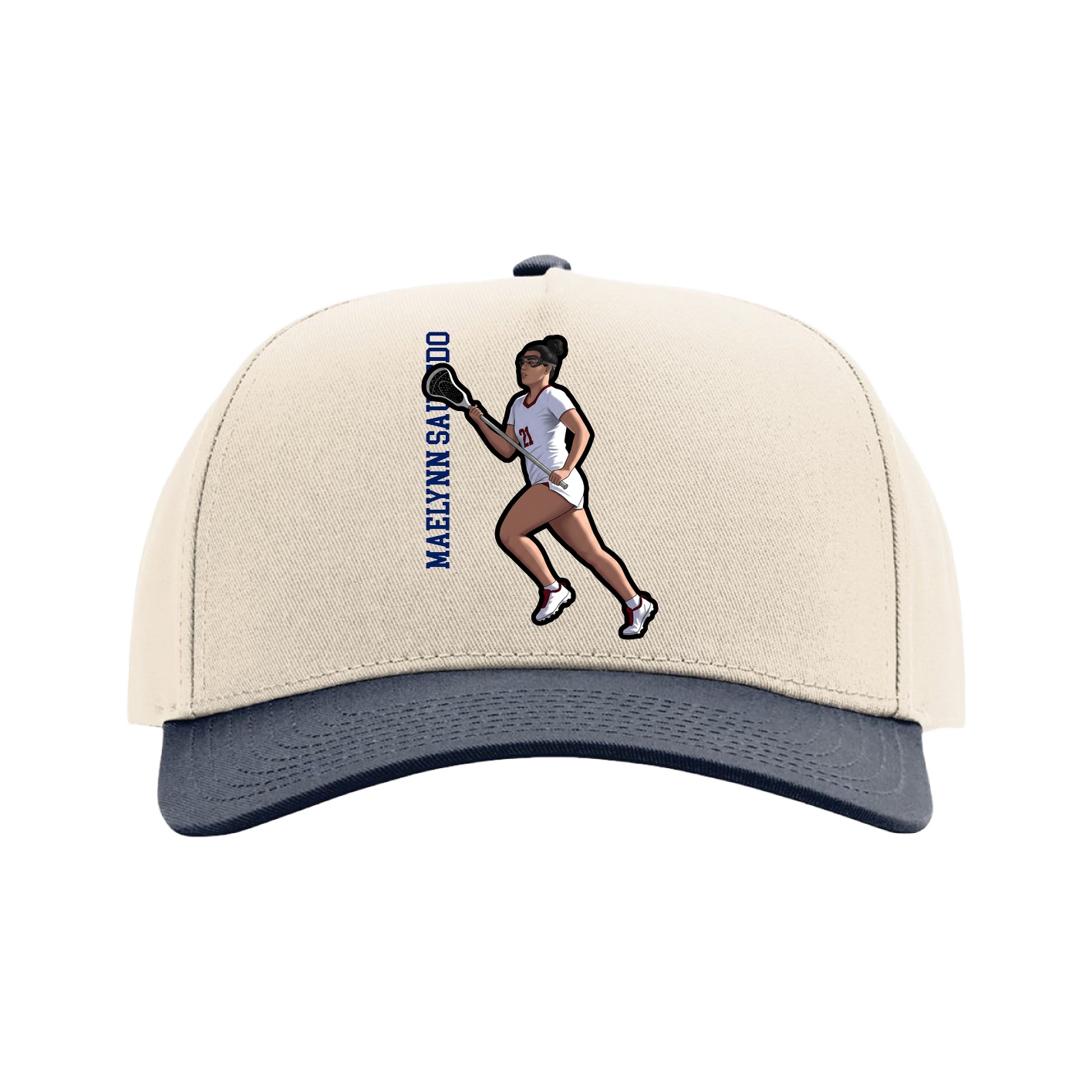 Full Fabric Five-Panel Champ Cap — Name Vertical in Cream/Navy