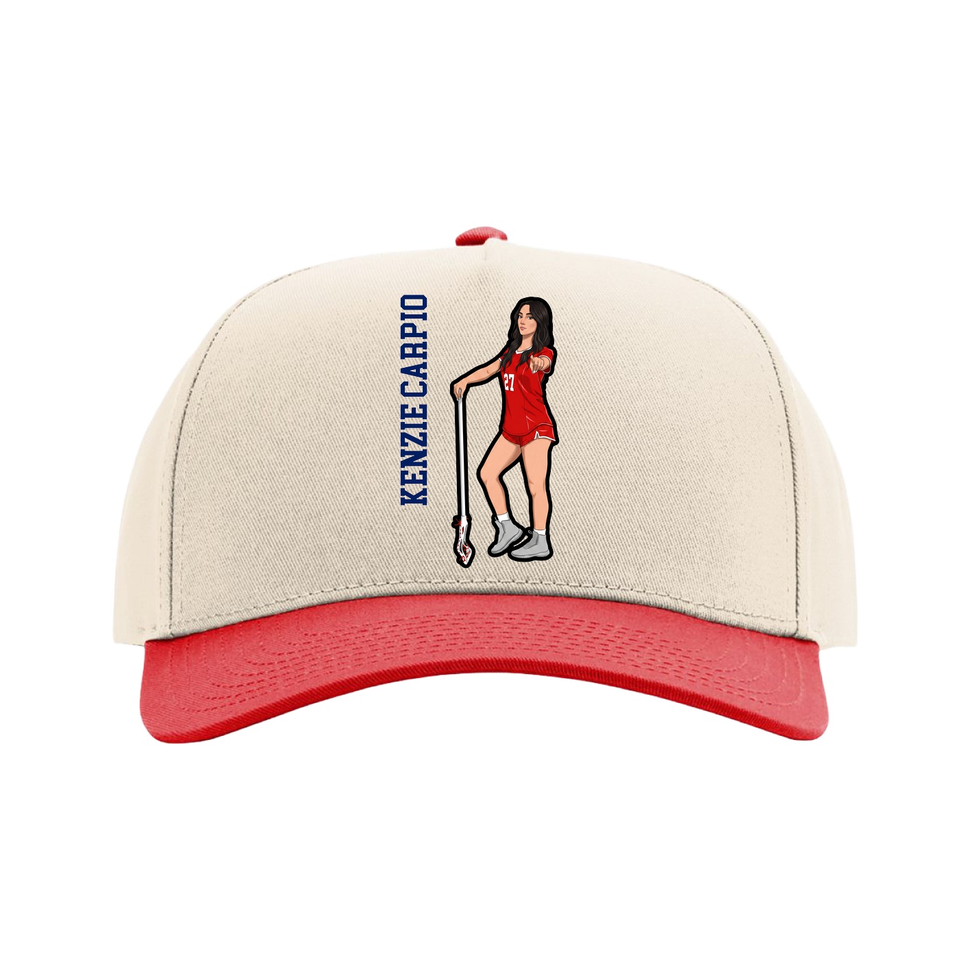 Full Fabric Five-Panel Champ Cap — Name Vertical in Cream/Red