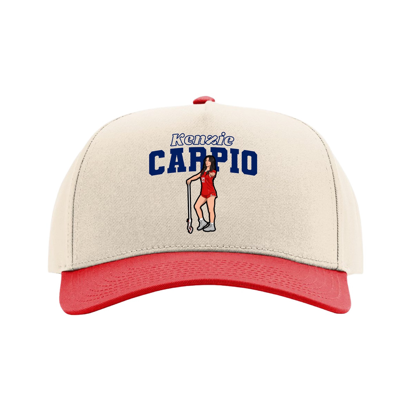 Full Fabric Five-Panel Champ Cap — Name Arch in Cream/Red