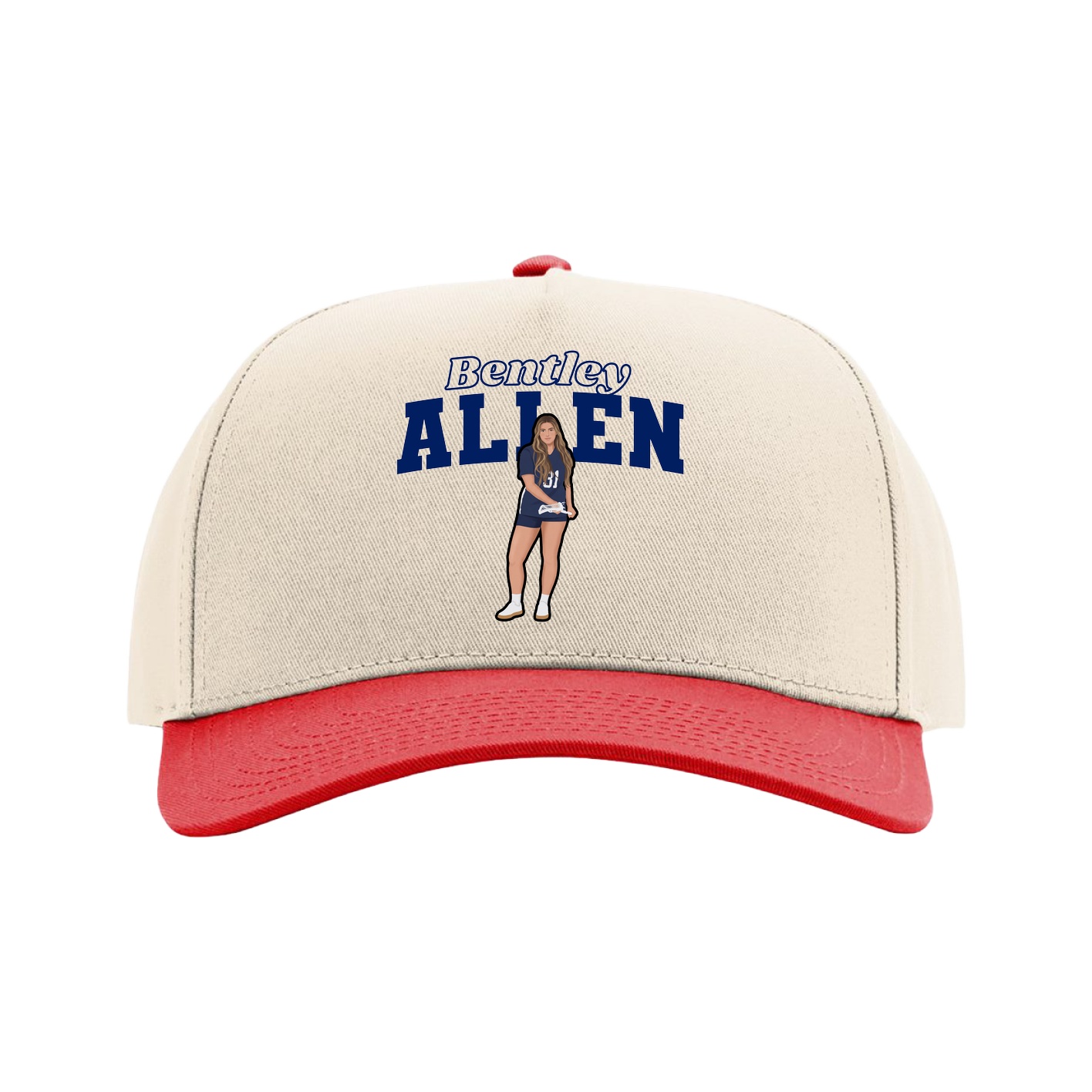 Full Fabric Five-Panel Champ Cap — Name Arch in Cream/Red