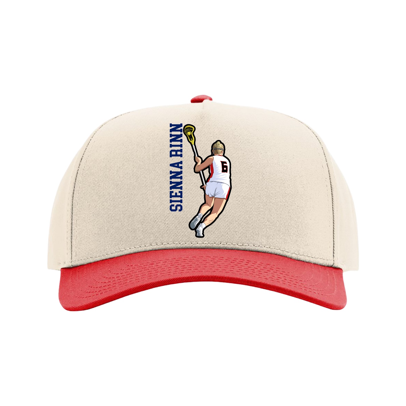 Full Fabric Five-Panel Champ Cap — Name Vertical in Cream/Red
