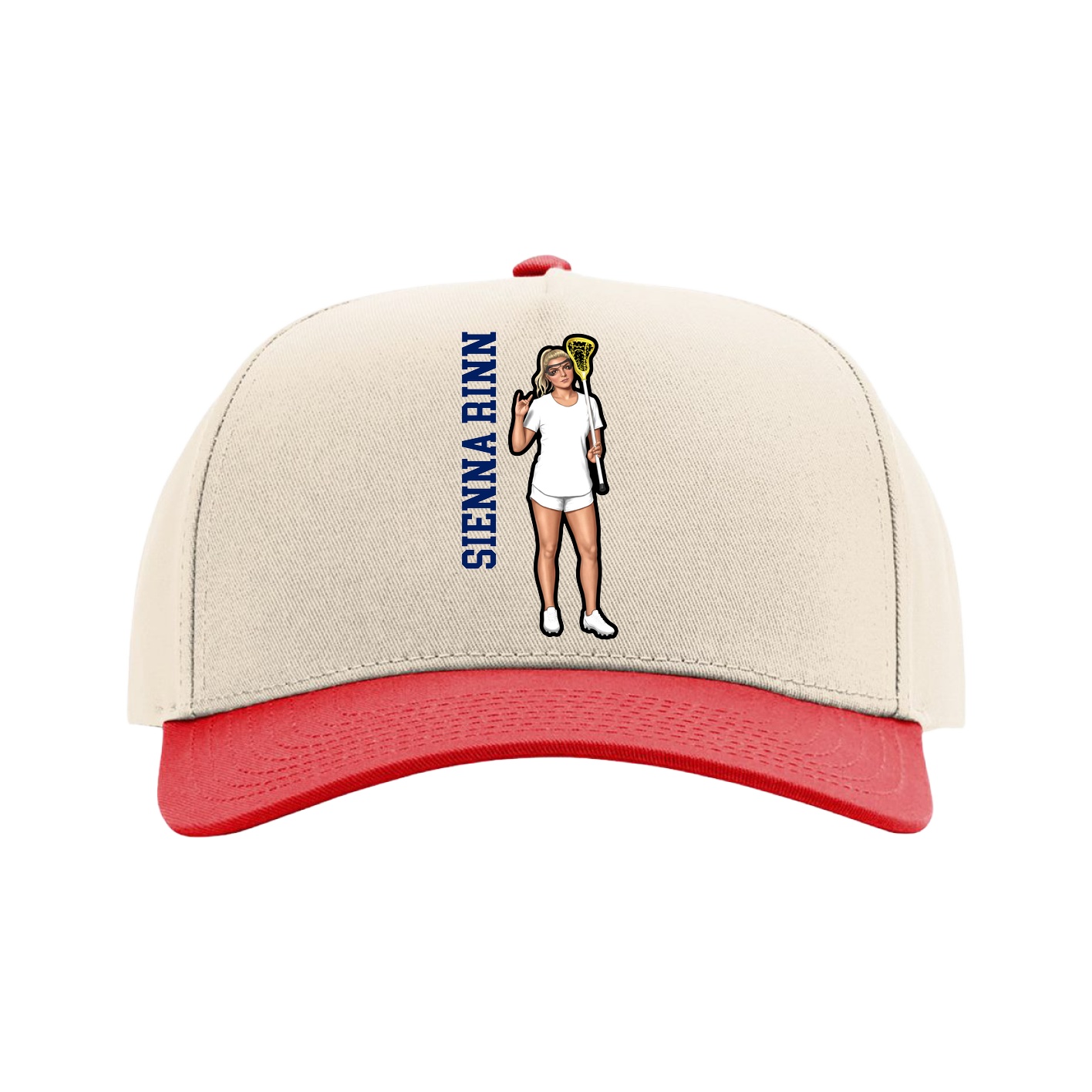 Full Fabric Five-Panel Champ Cap — Name Vertical in Cream/Red