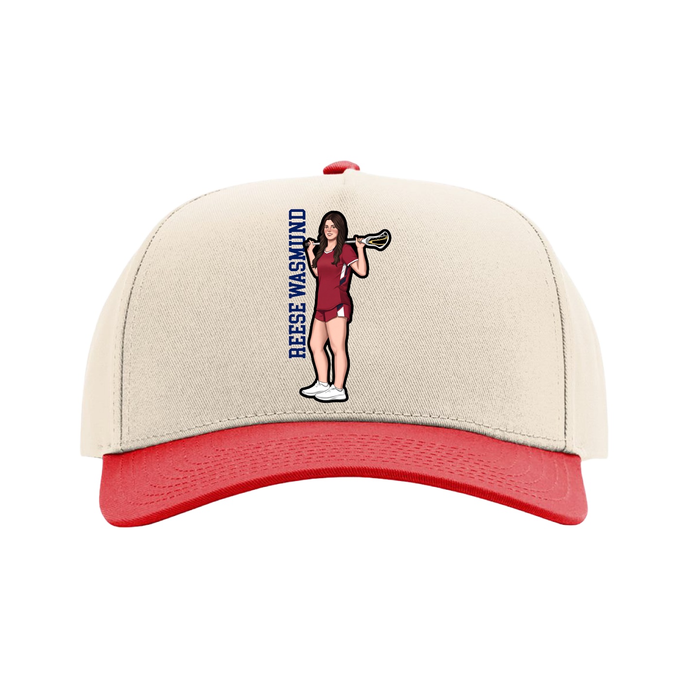 Full Fabric Five-Panel Champ Cap — Name Vertical in Cream/Red