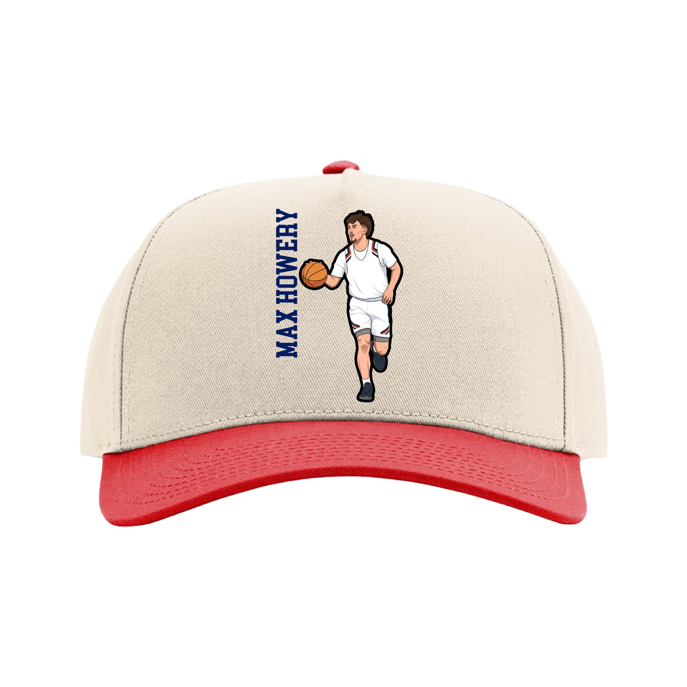Full Fabric Five-Panel Champ Cap — Name Vertical in Cream/Red