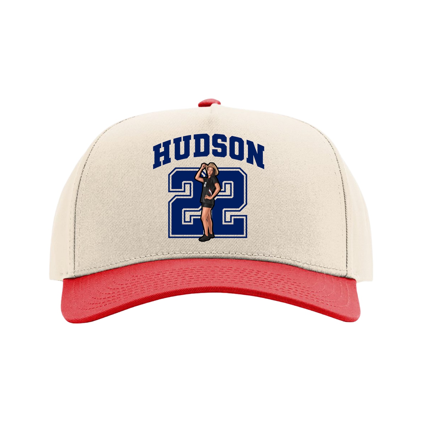 Full Fabric Five-Panel Champ Cap — Number in Cream/Red