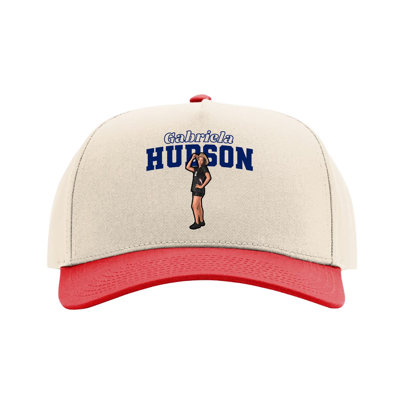 Full Fabric Five-Panel Champ Cap — Name Arch in Cream/Red