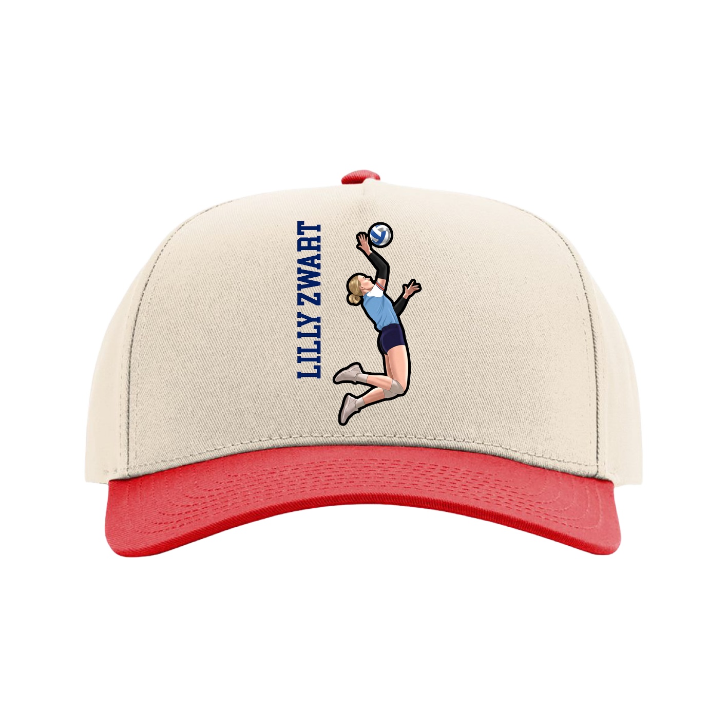 Full Fabric Five-Panel Champ Cap — Name Vertical in Cream/Red