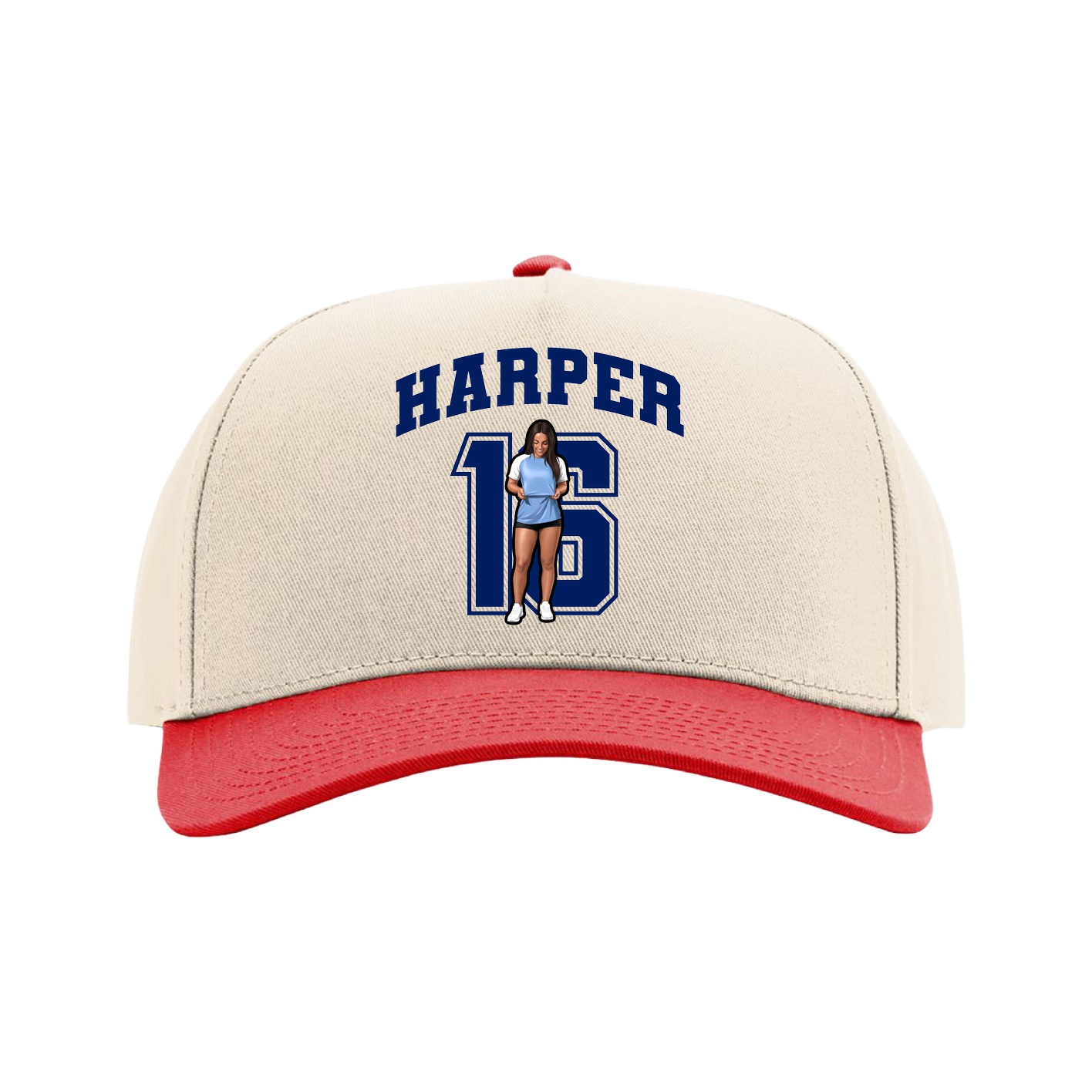 Full Fabric Five-Panel Champ Cap — Number in Cream/Red