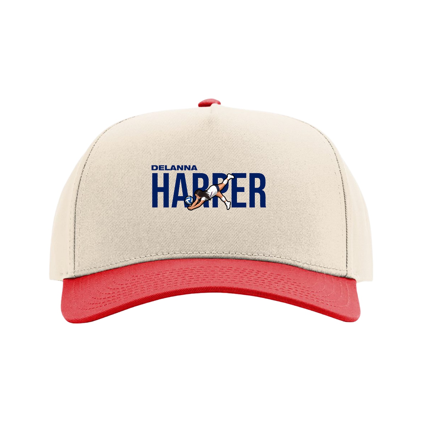 Full Fabric Five-Panel Champ Cap — Player Name in Cream/Red