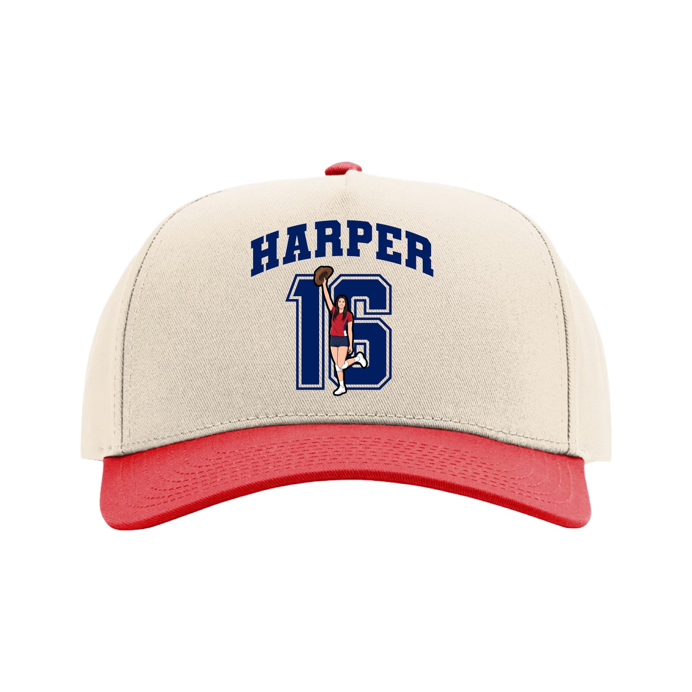 Full Fabric Five-Panel Champ Cap — Number in Cream/Red