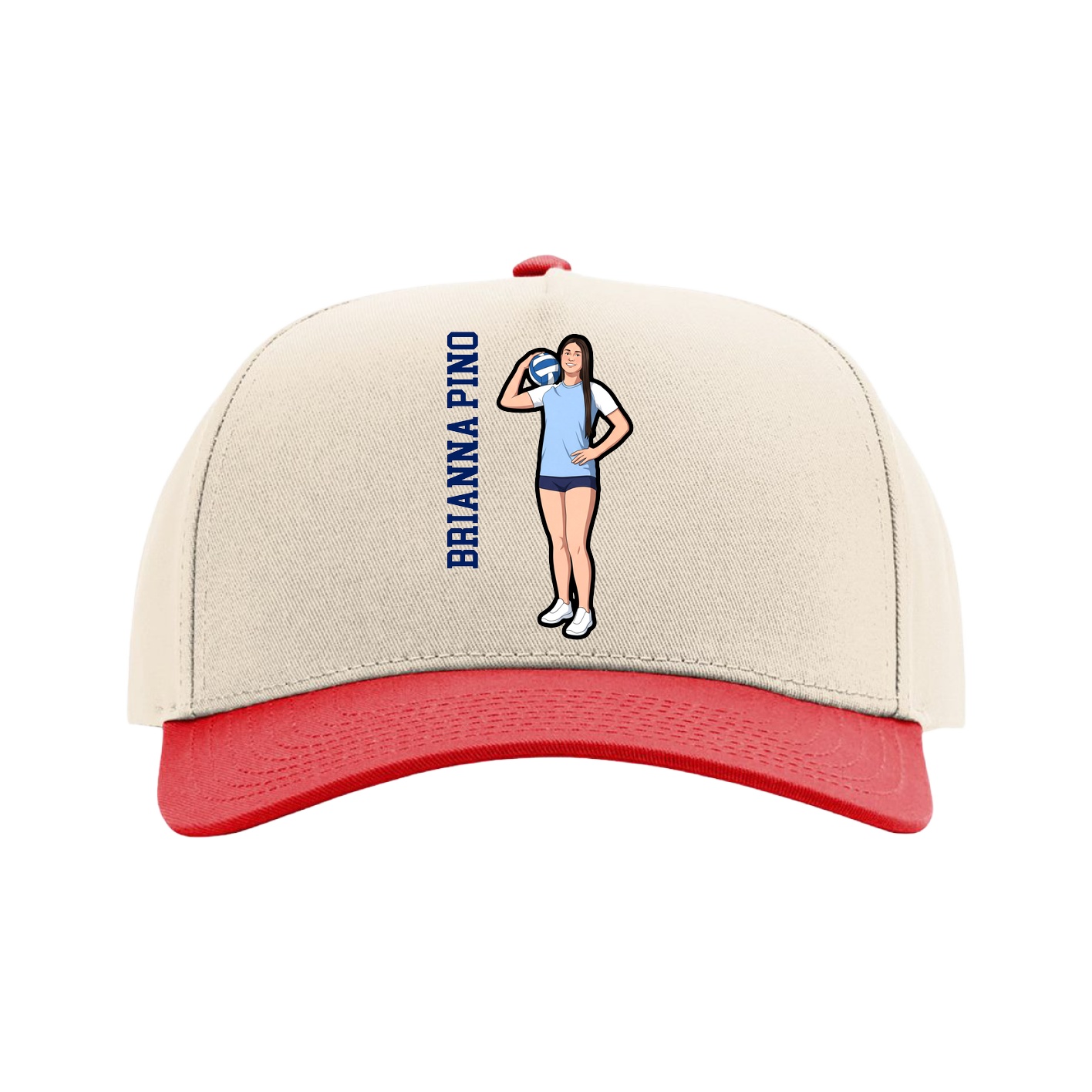 Full Fabric Five-Panel Champ Cap — Name Vertical in Cream/Red