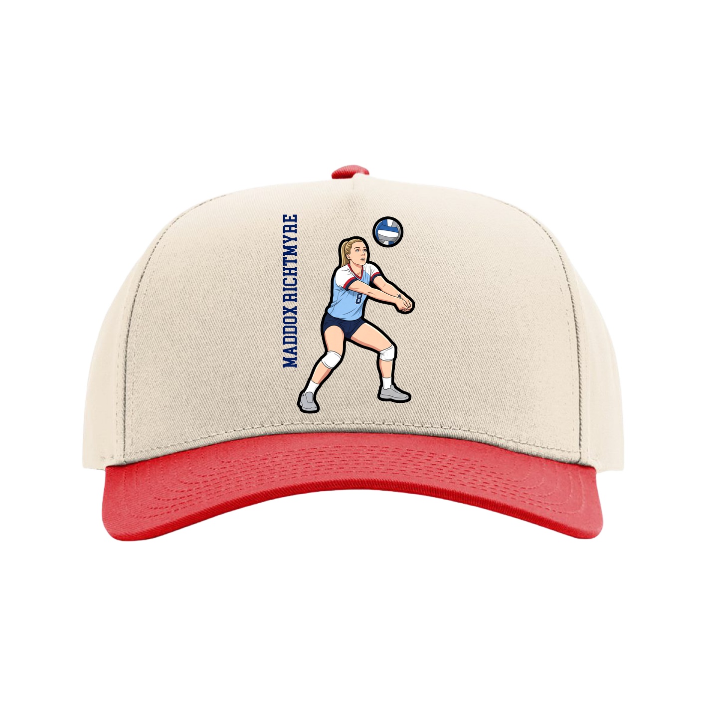 Full Fabric Five-Panel Champ Cap — Name Vertical in Cream/Red