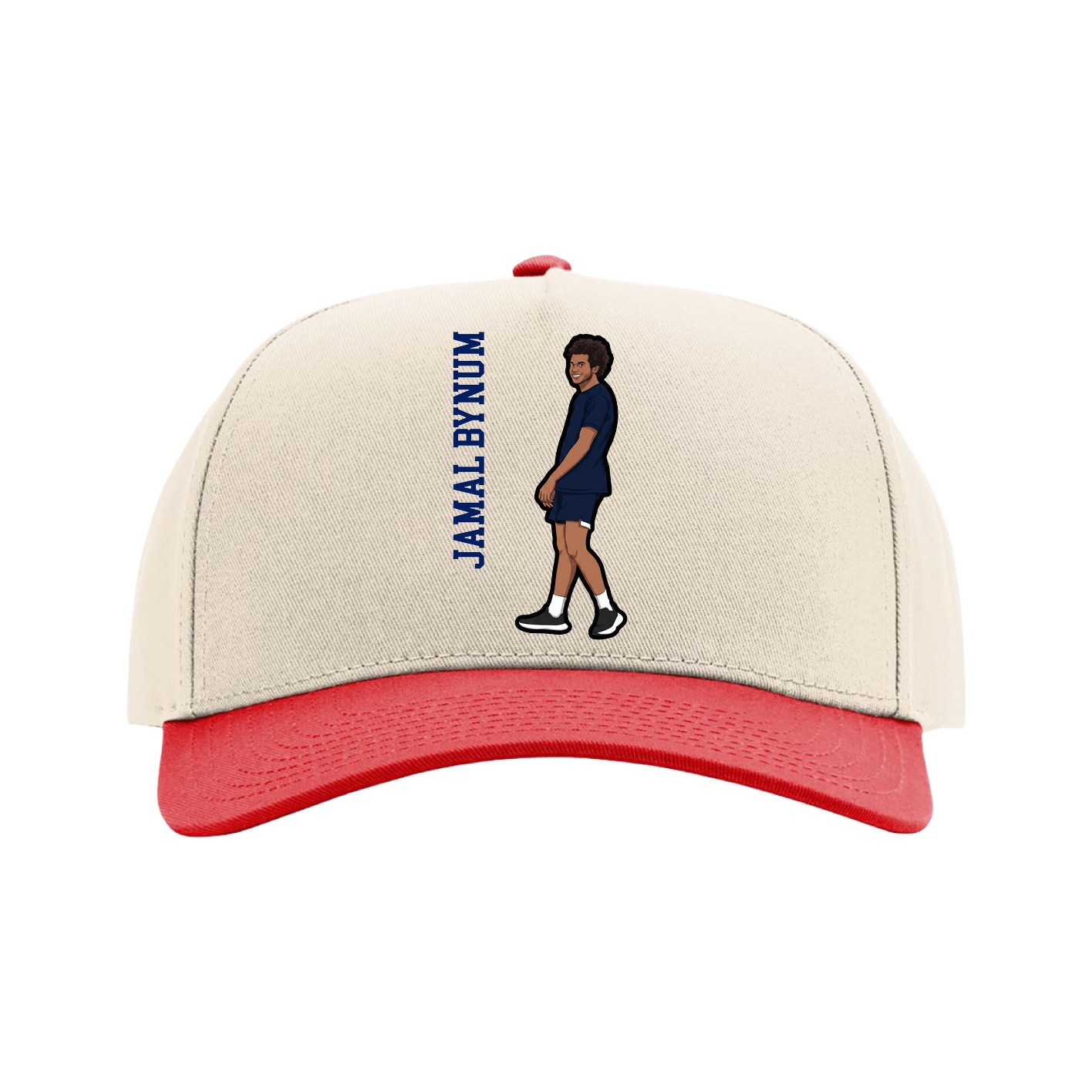 Full Fabric Five-Panel Champ Cap — Name Vertical in Cream/Red