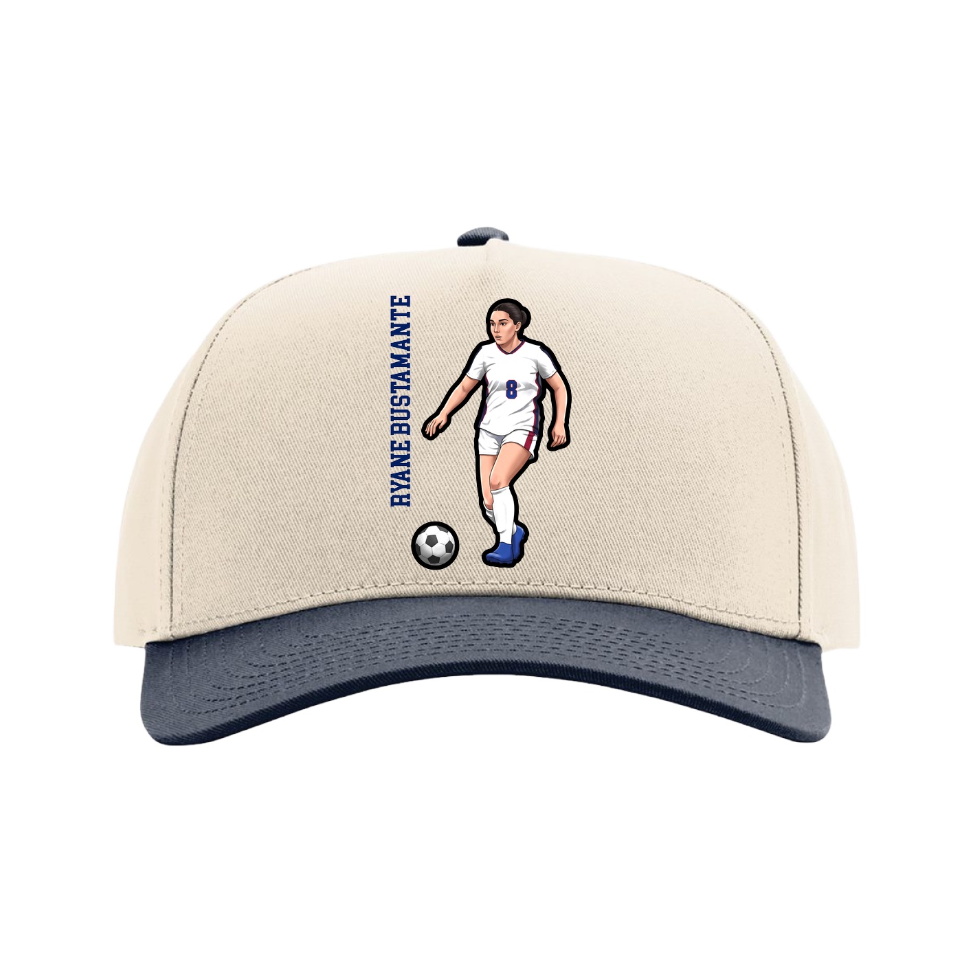 Full Fabric Five-Panel Champ Cap — Name Vertical in Cream/Navy