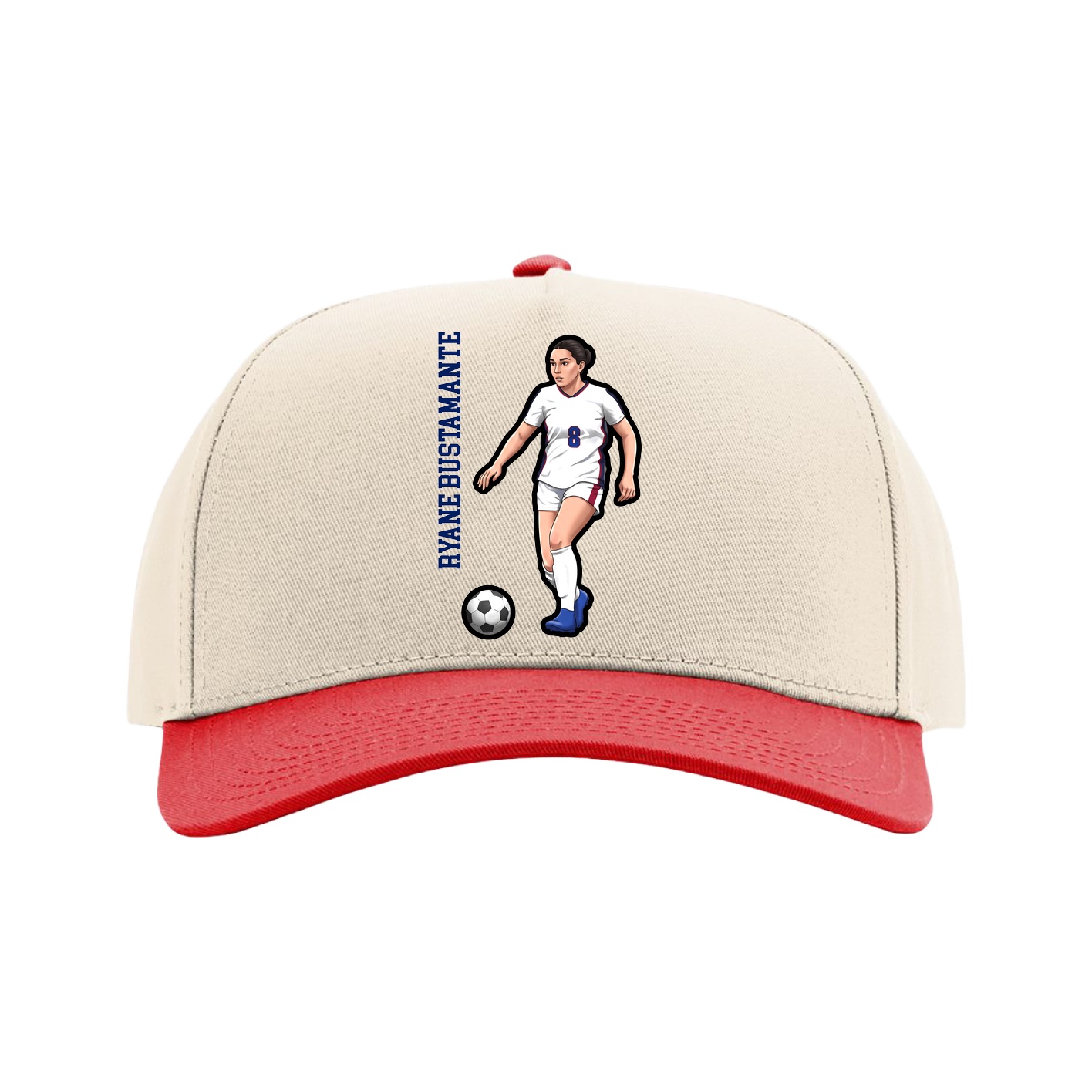 Full Fabric Five-Panel Champ Cap — Name Vertical in Cream/Red