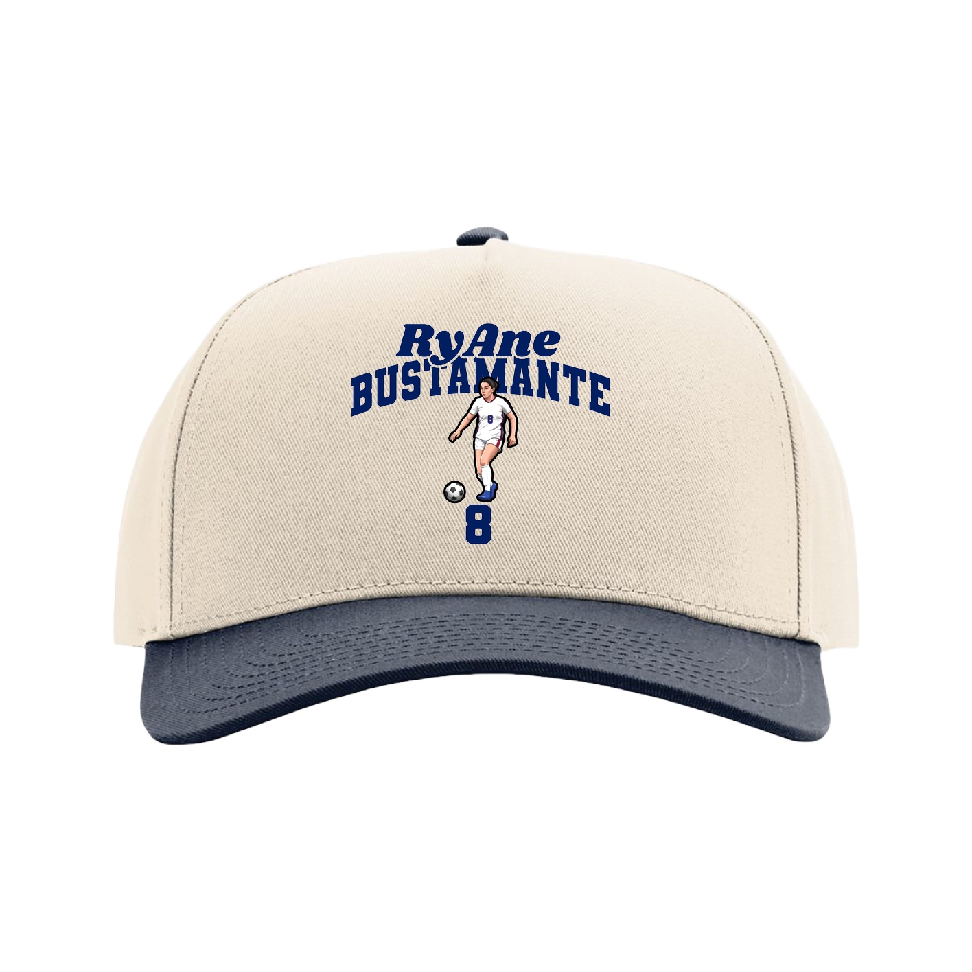 Full Fabric Five-Panel Champ Cap — Signature Arch in Cream/Navy
