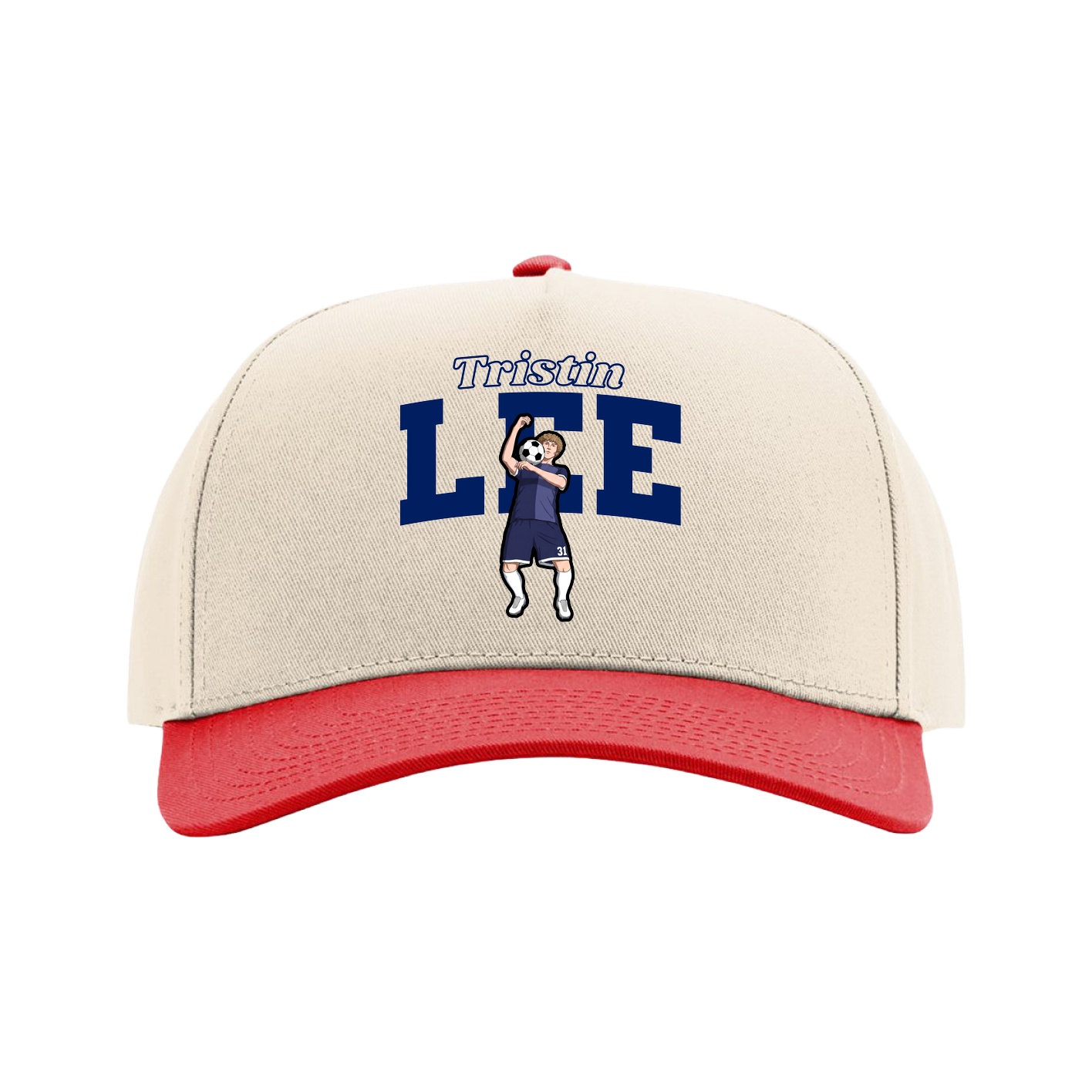 Full Fabric Five-Panel Champ Cap — Name Arch in Cream/Red