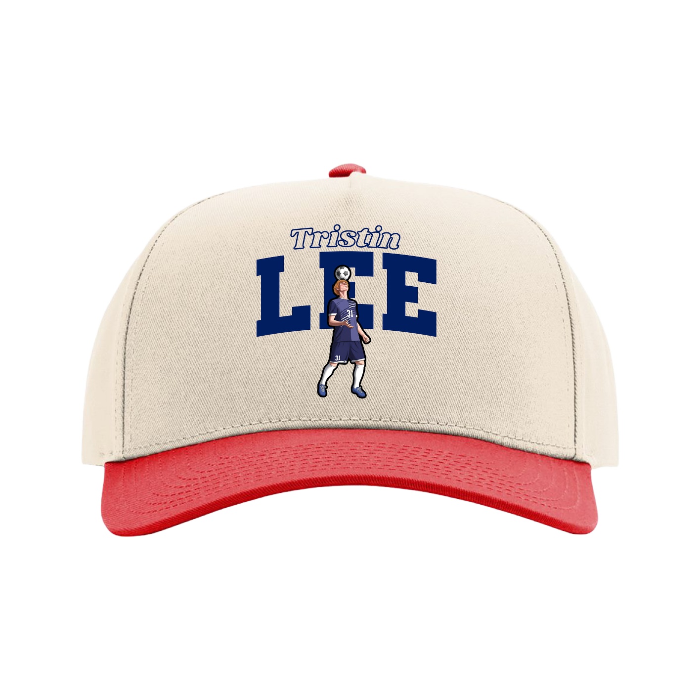 Full Fabric Five-Panel Champ Cap — Name Arch in Cream/Red