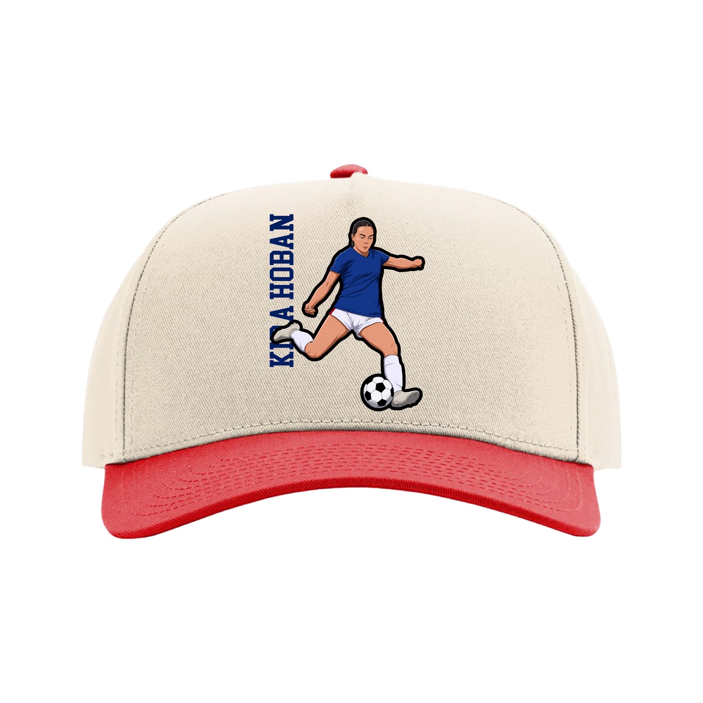 Full Fabric Five-Panel Champ Cap — Name Vertical in Cream/Red