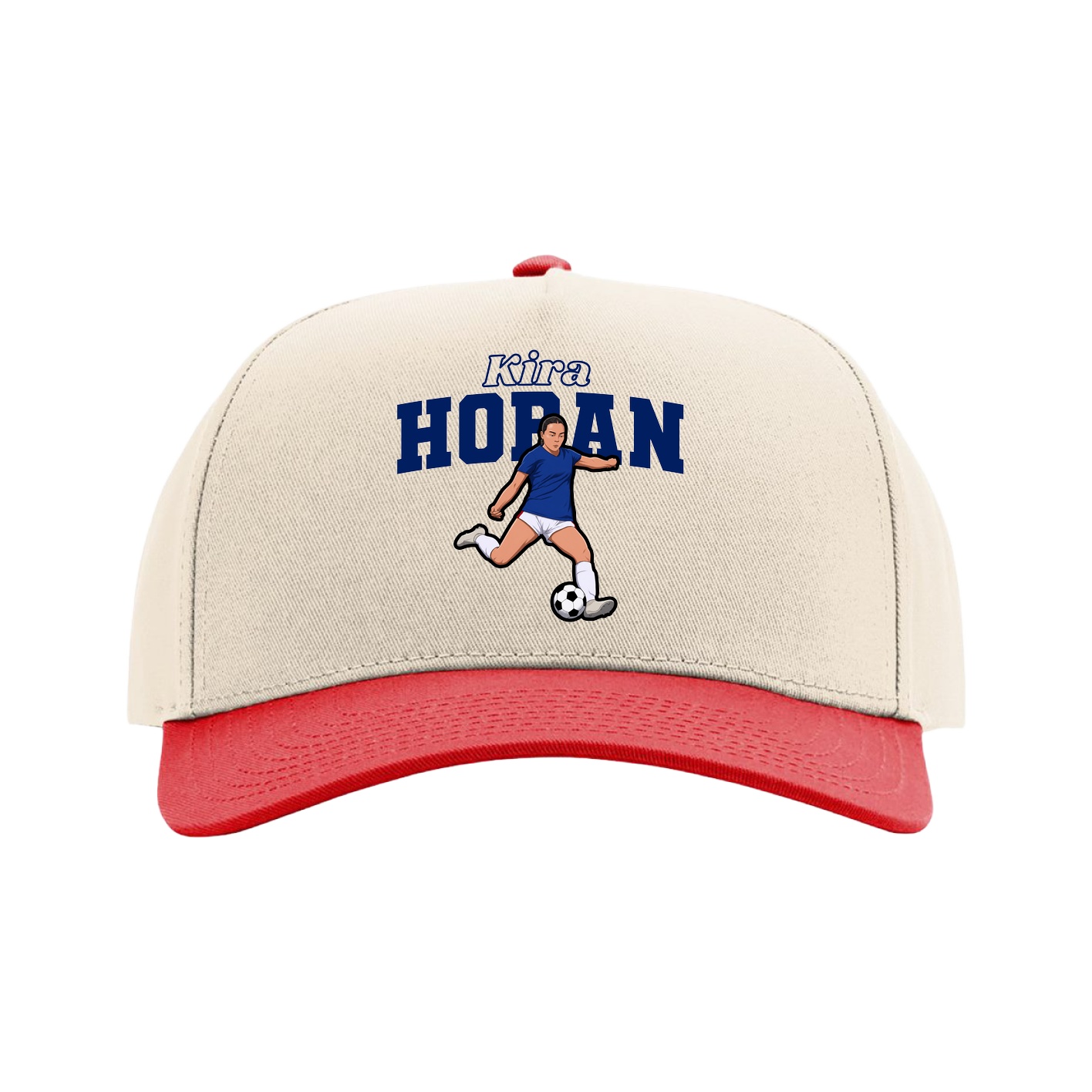 Full Fabric Five-Panel Champ Cap — Name Arch in Cream/Red