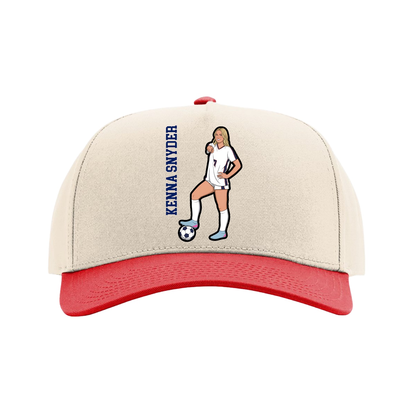 Full Fabric Five-Panel Champ Cap — Name Vertical in Cream/Red